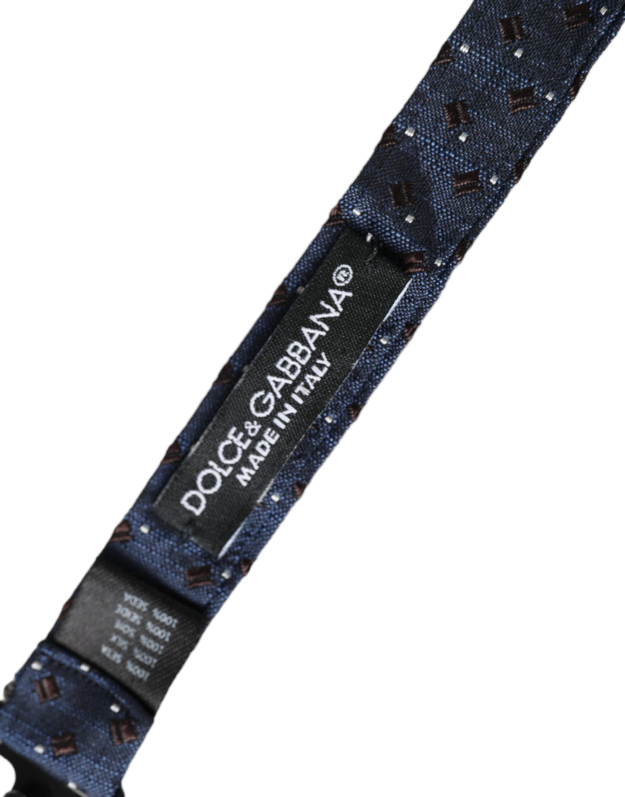 Navy blue silk patterned adjustable men's papillon bow tie by Dolce & Gabbana, featuring elegant design and classic style.
