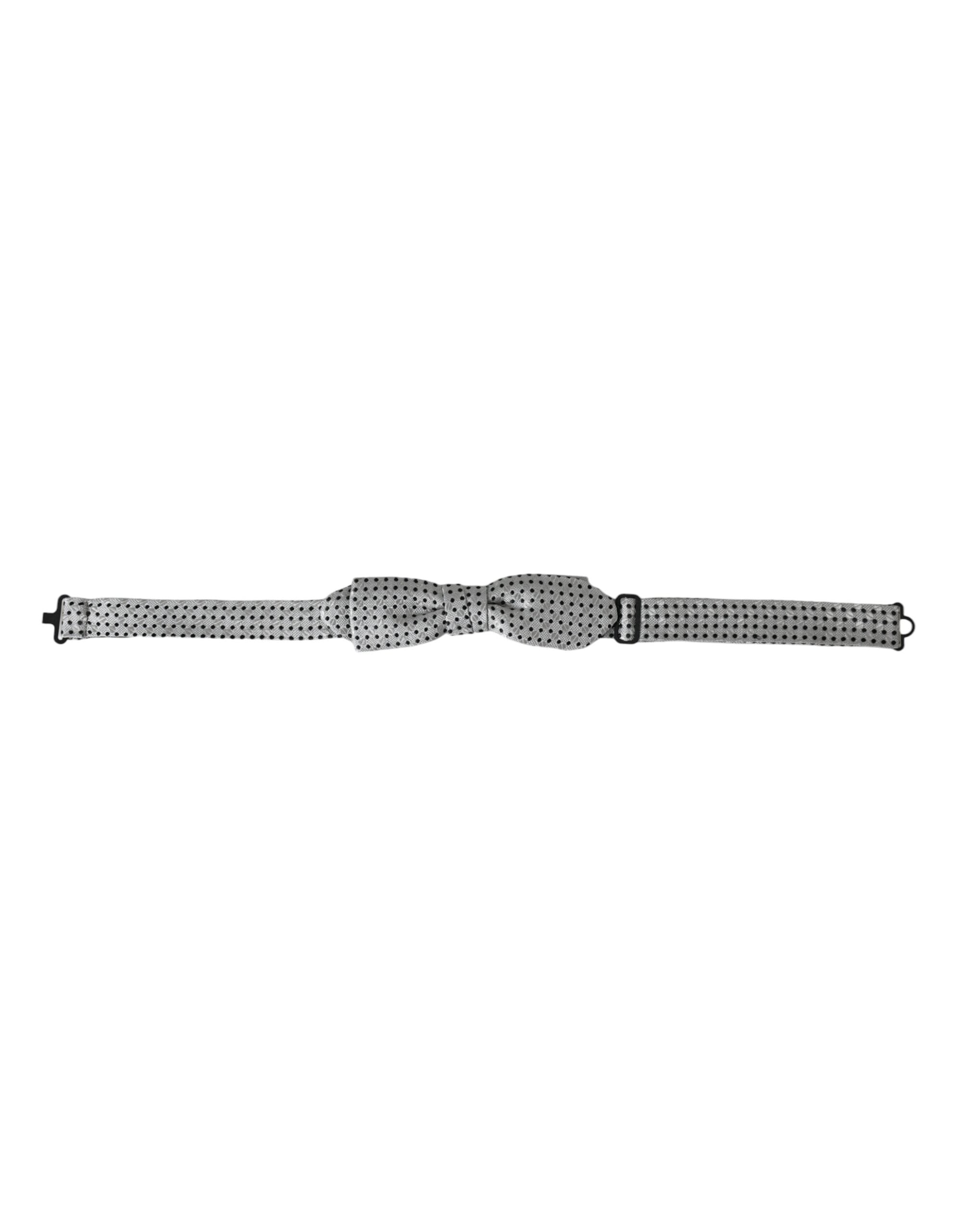 Gray silk polka dot adjustable neck bow tie for men by Dolce & Gabbana, featuring a classic polka dot pattern and elegant design.