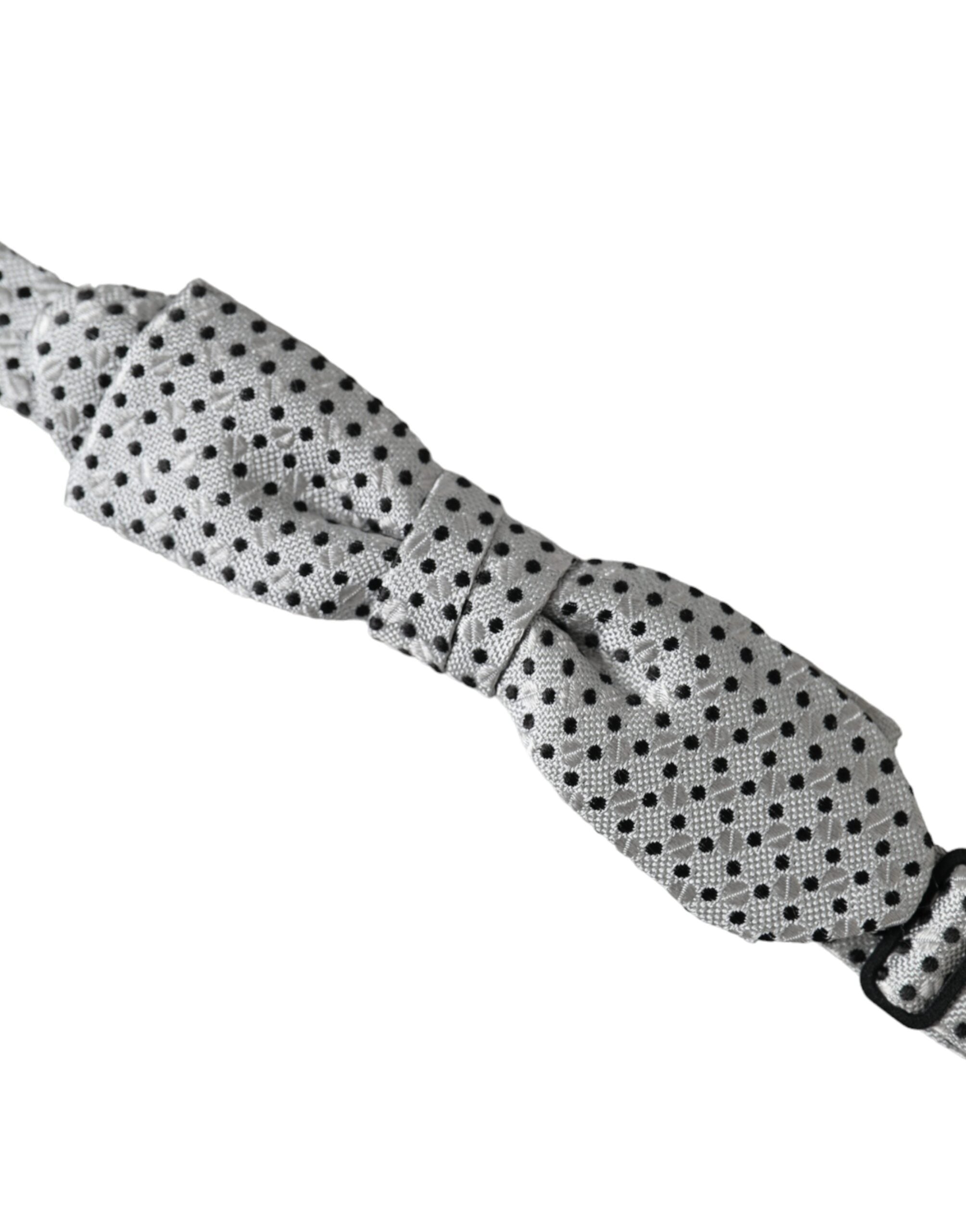 Gray silk polka dot adjustable men's bow tie with papillon style, featuring a classic Dolce & Gabbana design.