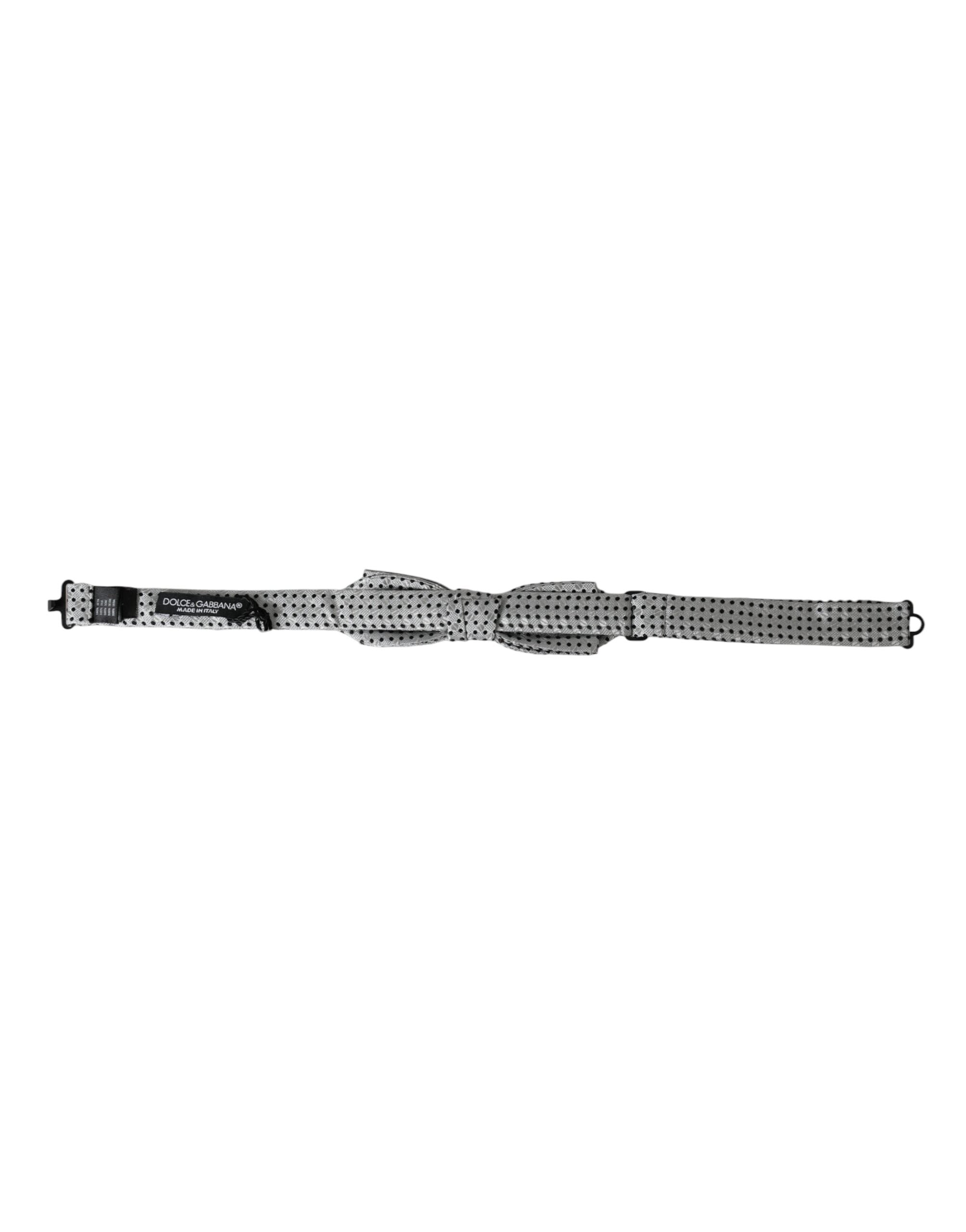 Gray silk polka dot adjustable neck bow tie for men by Dolce & Gabbana, featuring classic polka dot pattern and refined style.