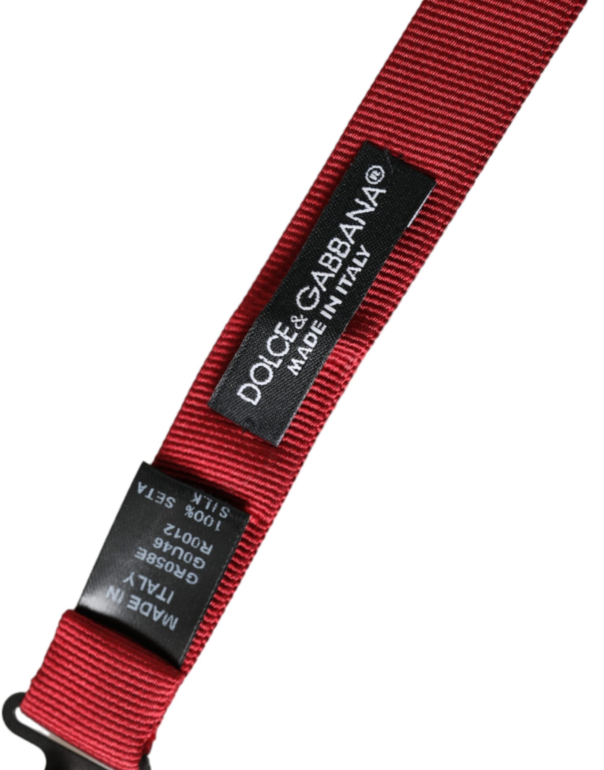 Red silk jacquard adjustable men's bow tie featuring a luxurious pattern, designed by Dolce & Gabbana.