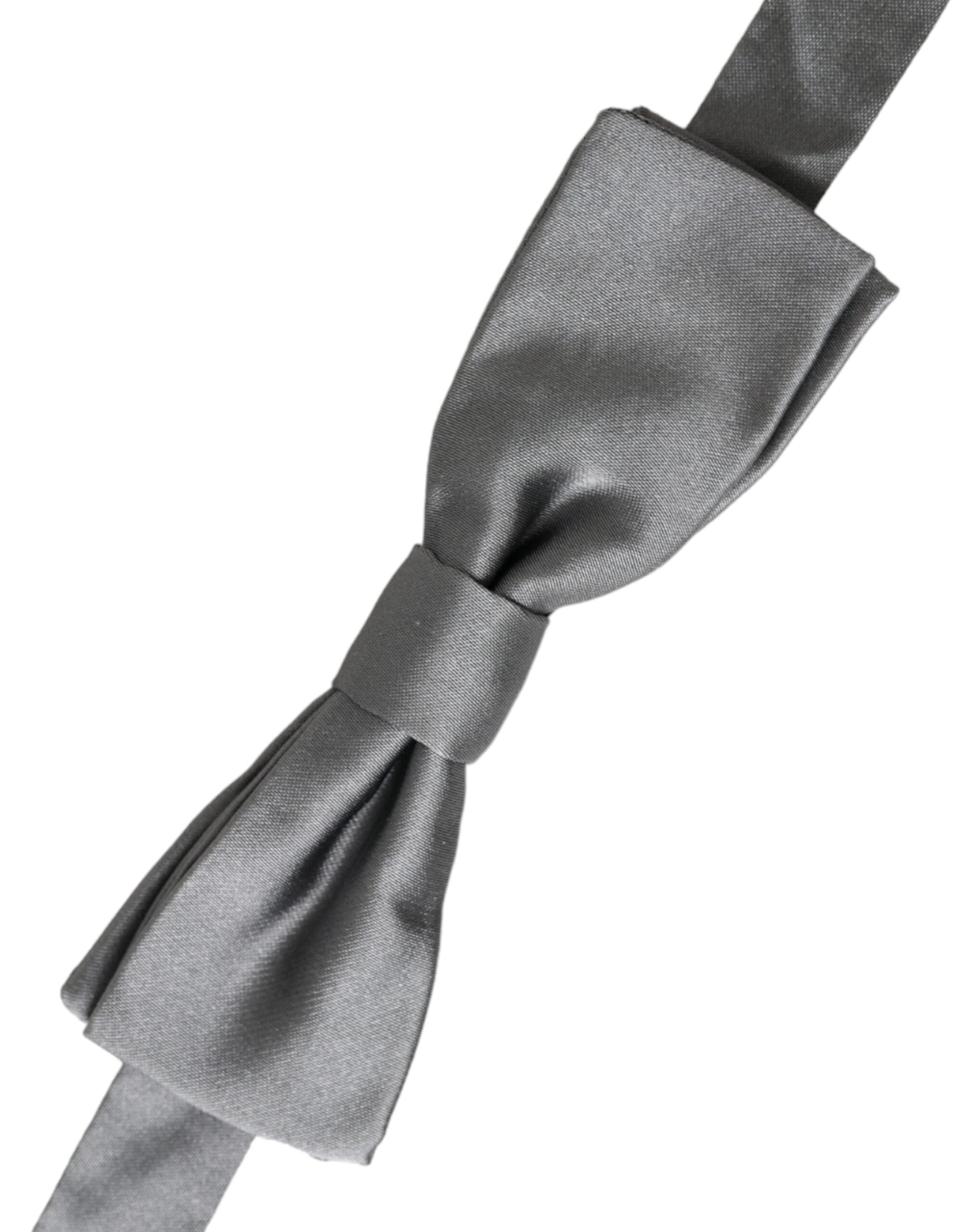 Gray satin silk adjustable men's bow tie with papillon style from Dolce & Gabbana, shown on a flat surface.