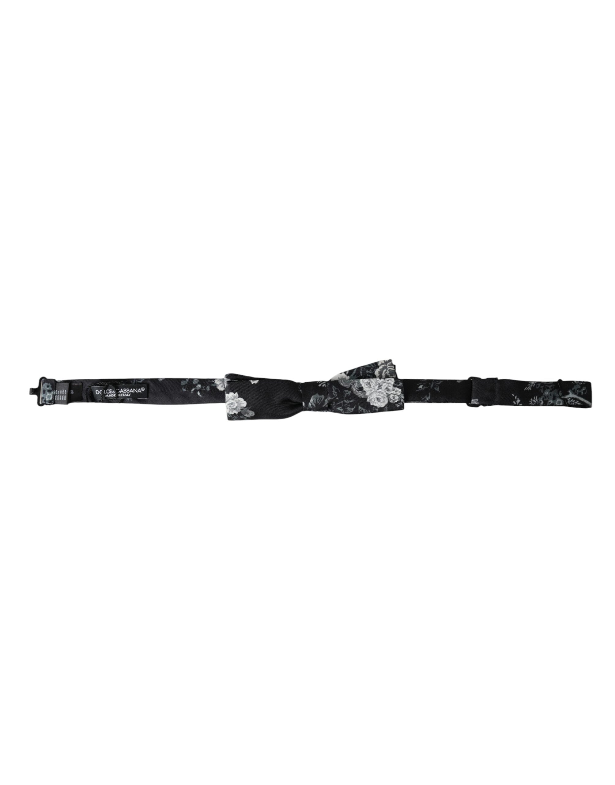 Black floral silk adjustable men's bow tie by Dolce & Gabbana, featuring a stylish floral pattern and classic shape.