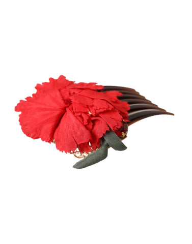 Red silk floral gold brass hair comb for women, featuring intricate floral design by Dolce & Gabbana.