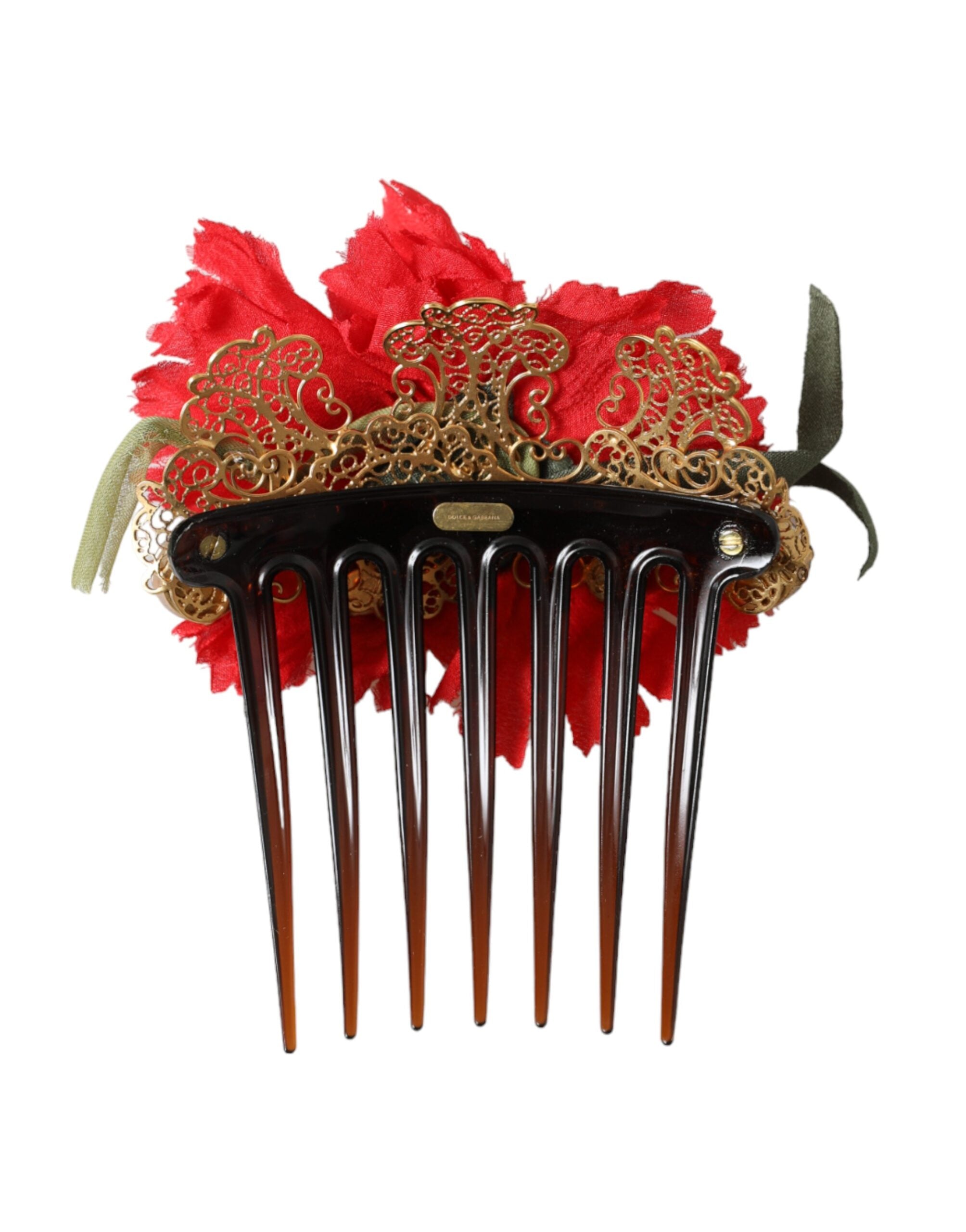 Red silk floral gold brass women’s hair comb with intricate design, perfect for elegant hairstyles by Dolce & Gabbana.