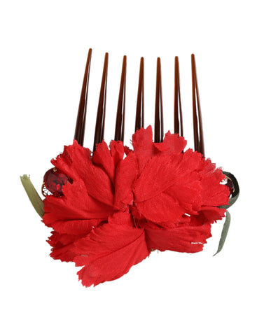 Red silk floral gold brass women’s hair comb with intricate design, featuring silk flowers and decorative gold accents.