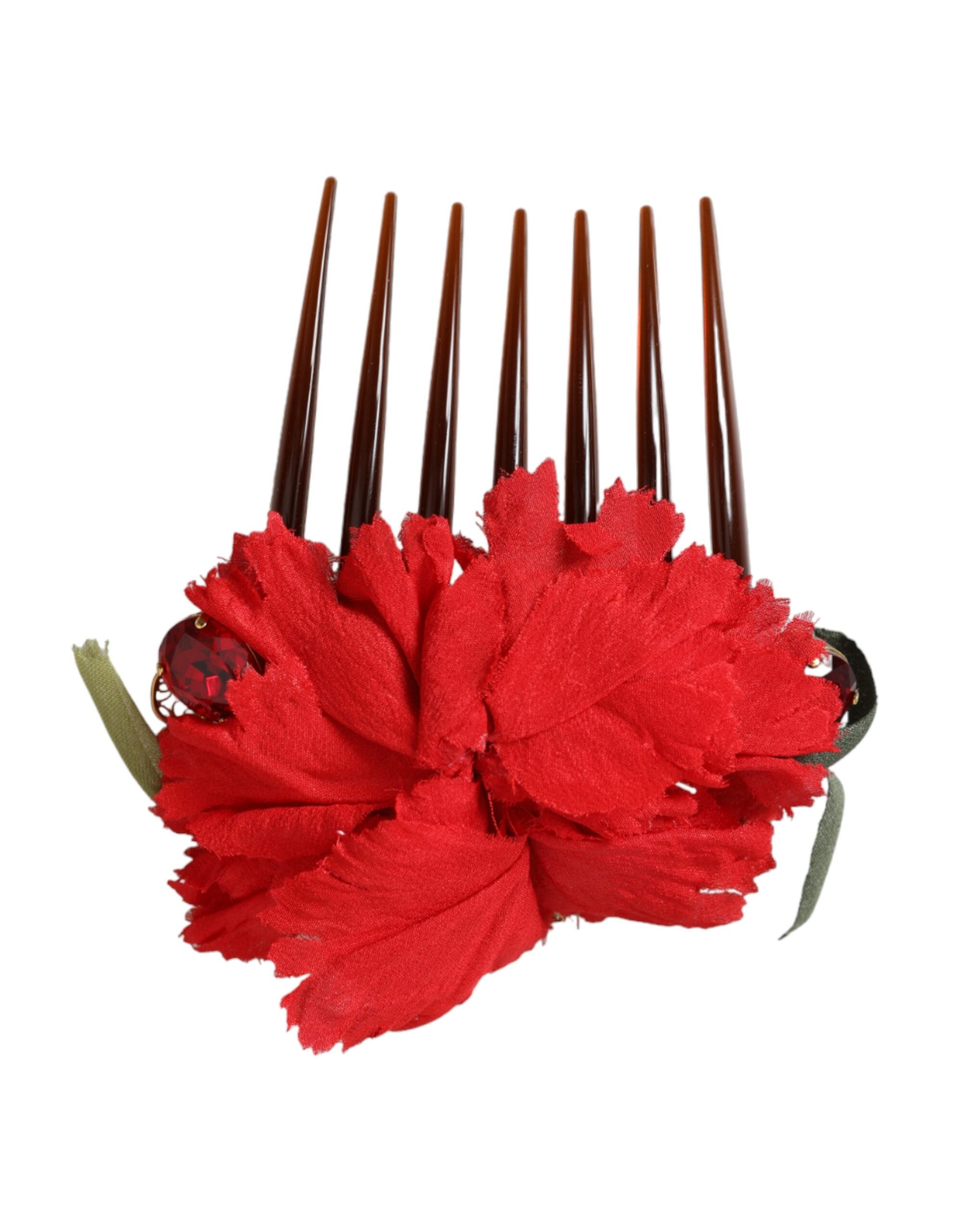 Red silk floral and gold brass women’s hair comb with intricate floral design by Dolce & Gabbana.