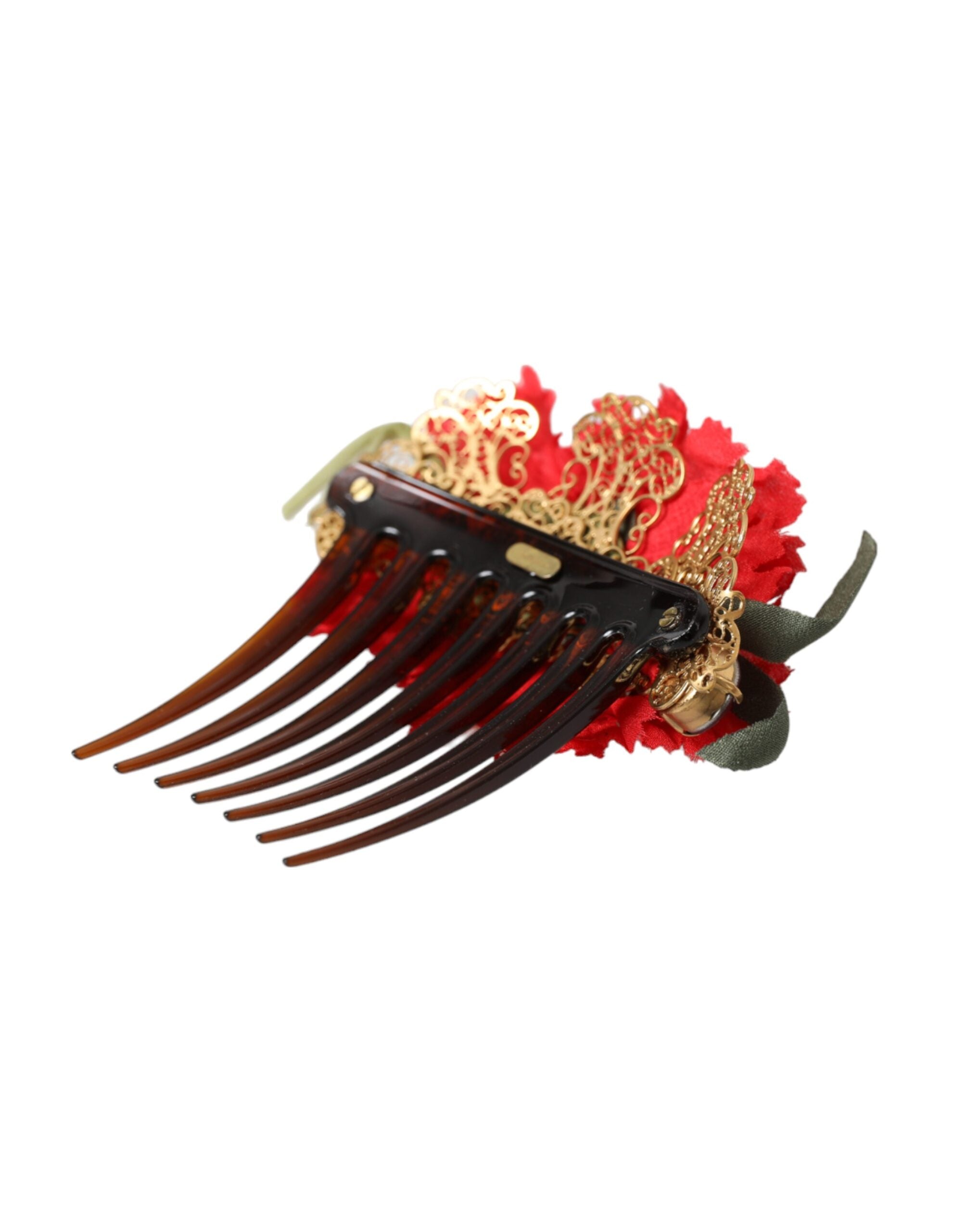 Red silk floral and gold brass women’s hair comb with intricate floral design, by Dolce & Gabbana.