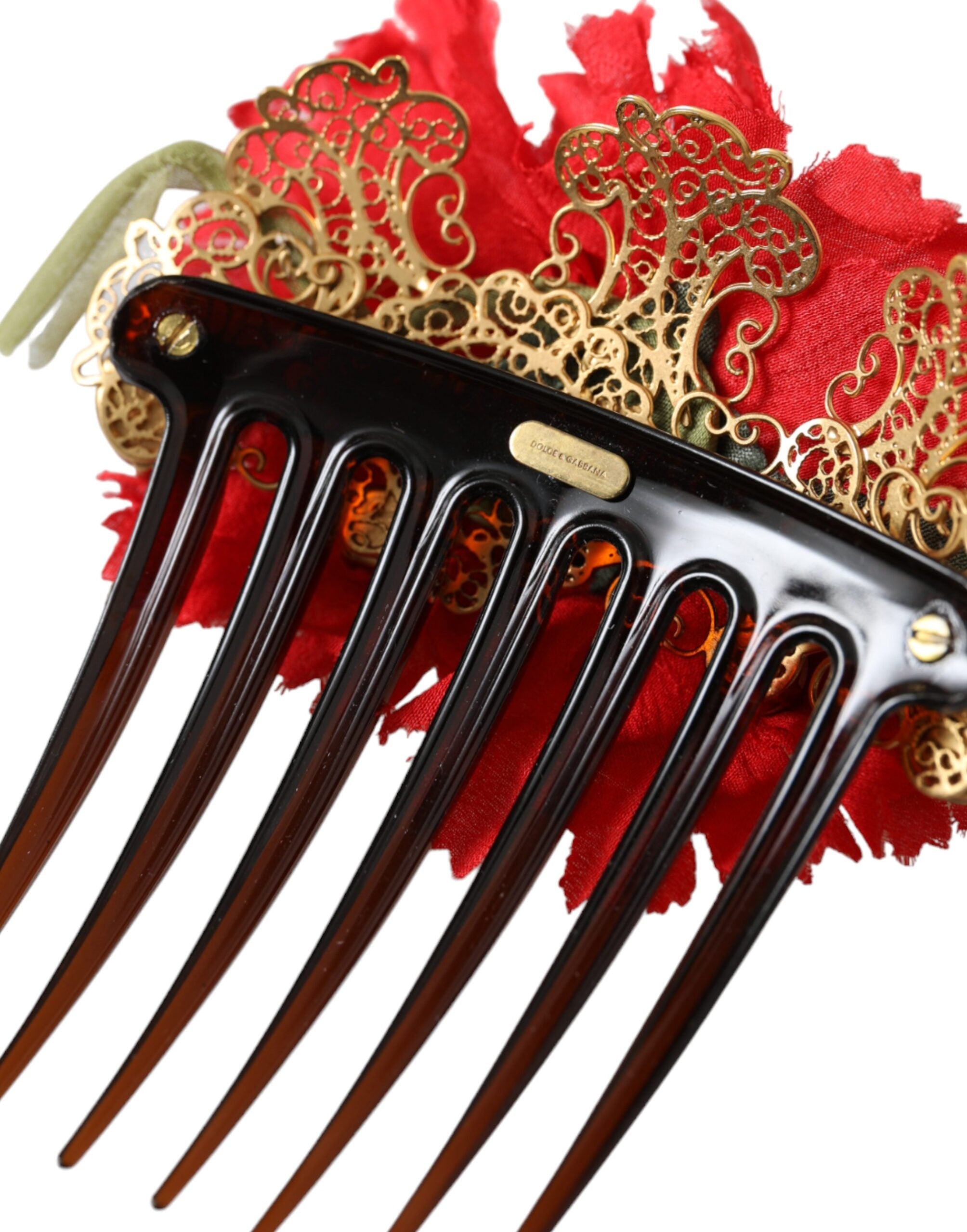 Red silk floral gold brass women’s hair comb with intricate design, featuring silk flowers and ornate brass detailing.