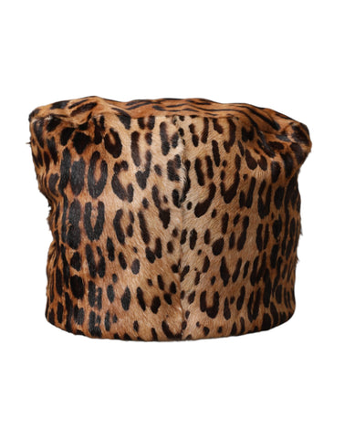 Brown leopard fur women's bucket hat by Dolce & Gabbana featuring a stylish leopard print and soft fur texture.