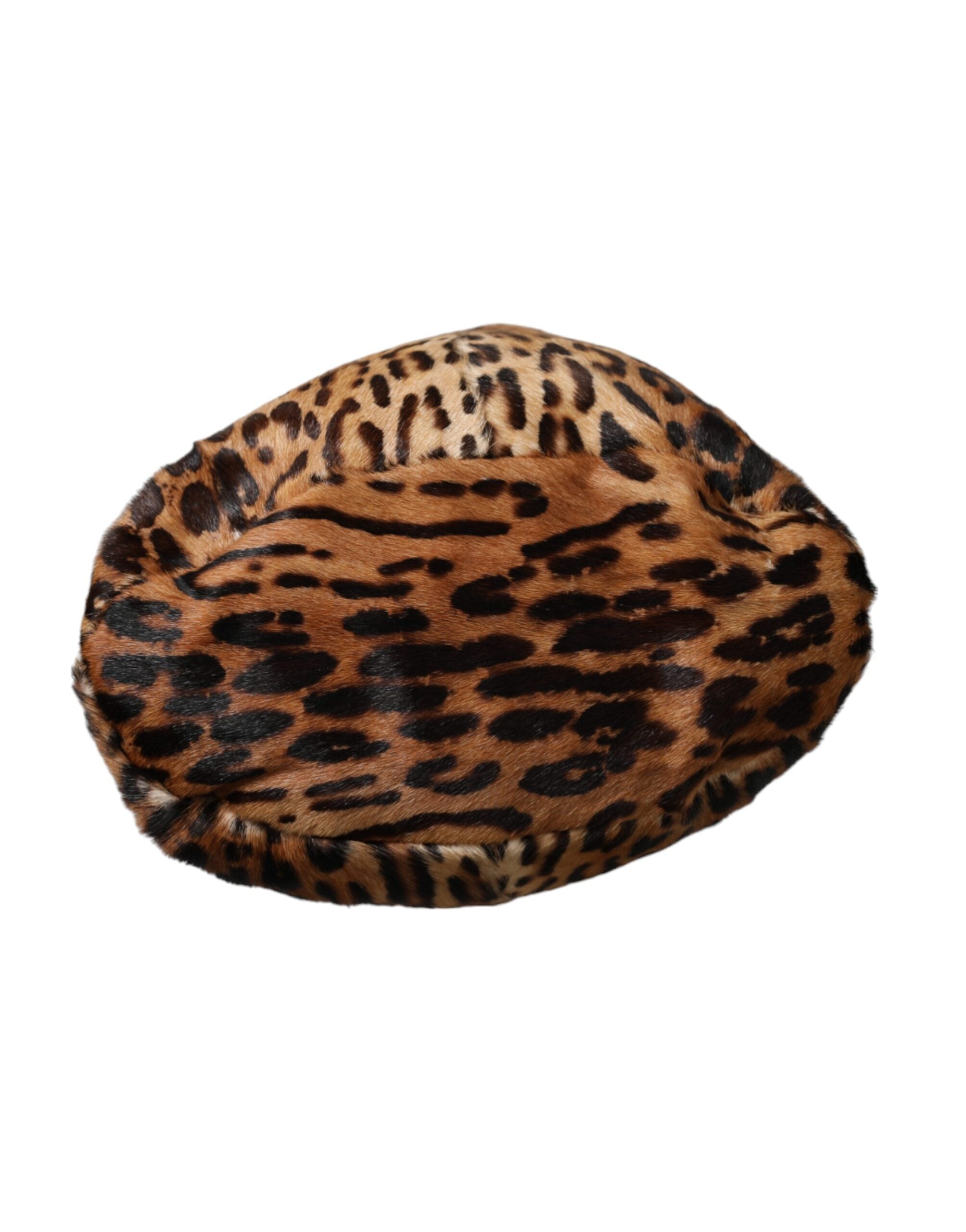 Brown leopard fur bucket hat by Dolce & Gabbana with wide brim and stylish animal print design.
