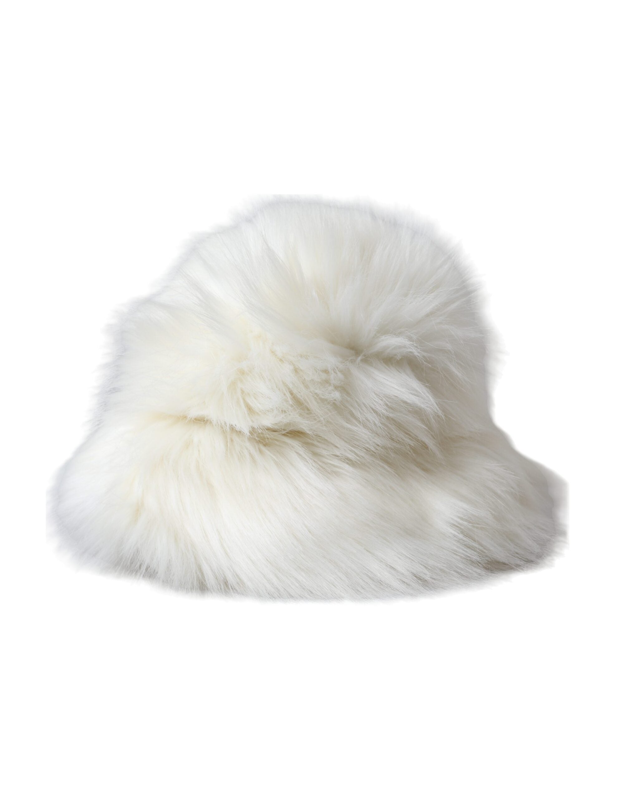 White acrylic fur women's bucket hat by Dolce & Gabbana, showing soft fur texture and classic bucket hat shape.