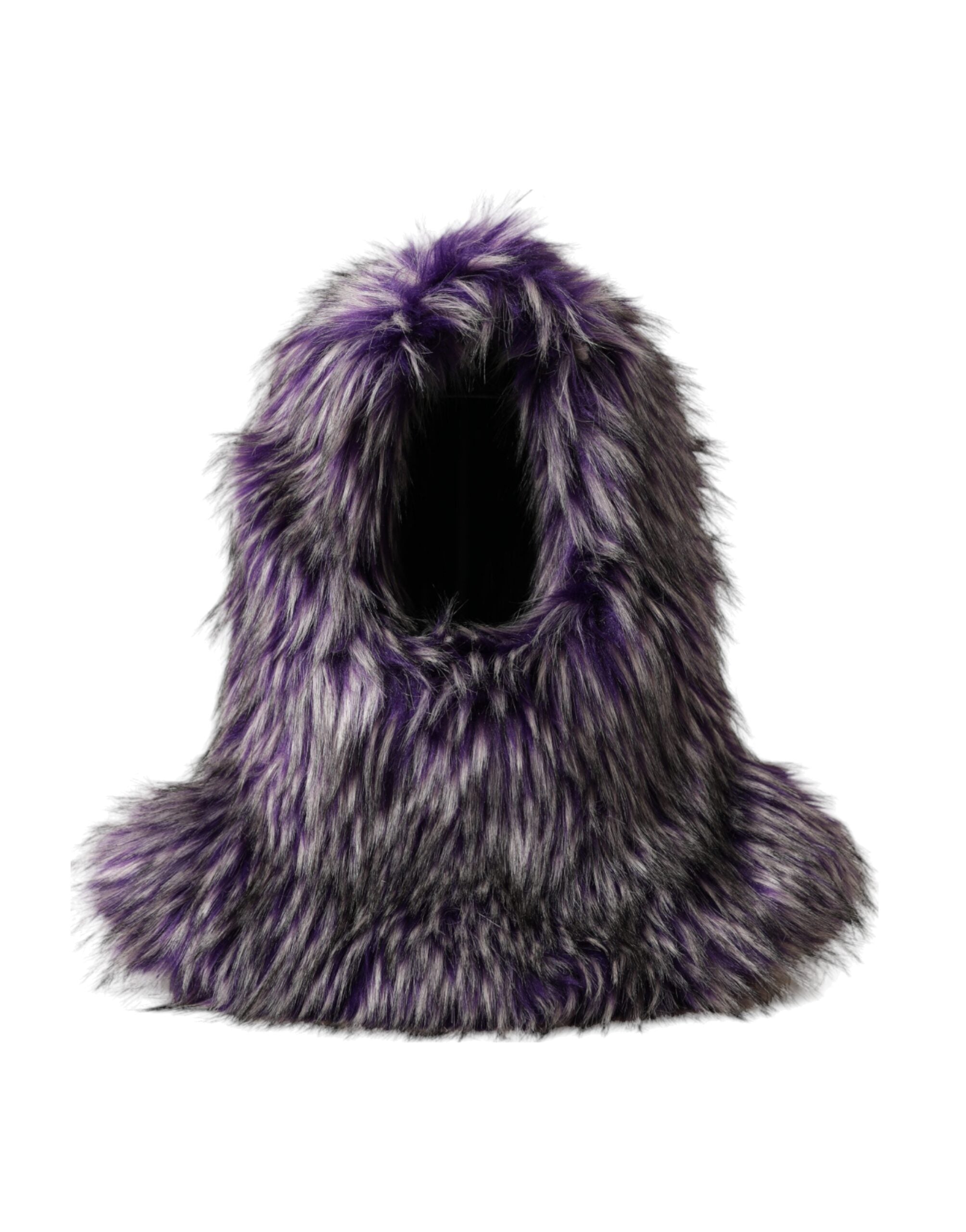 Dolce & Gabbana purple faux fur whole head wrap hat showing soft, plush faux fur covering the entire head and face area.