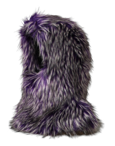 Purple faux fur whole head wrap hat by Dolce & Gabbana, featuring plush texture and stylish design.