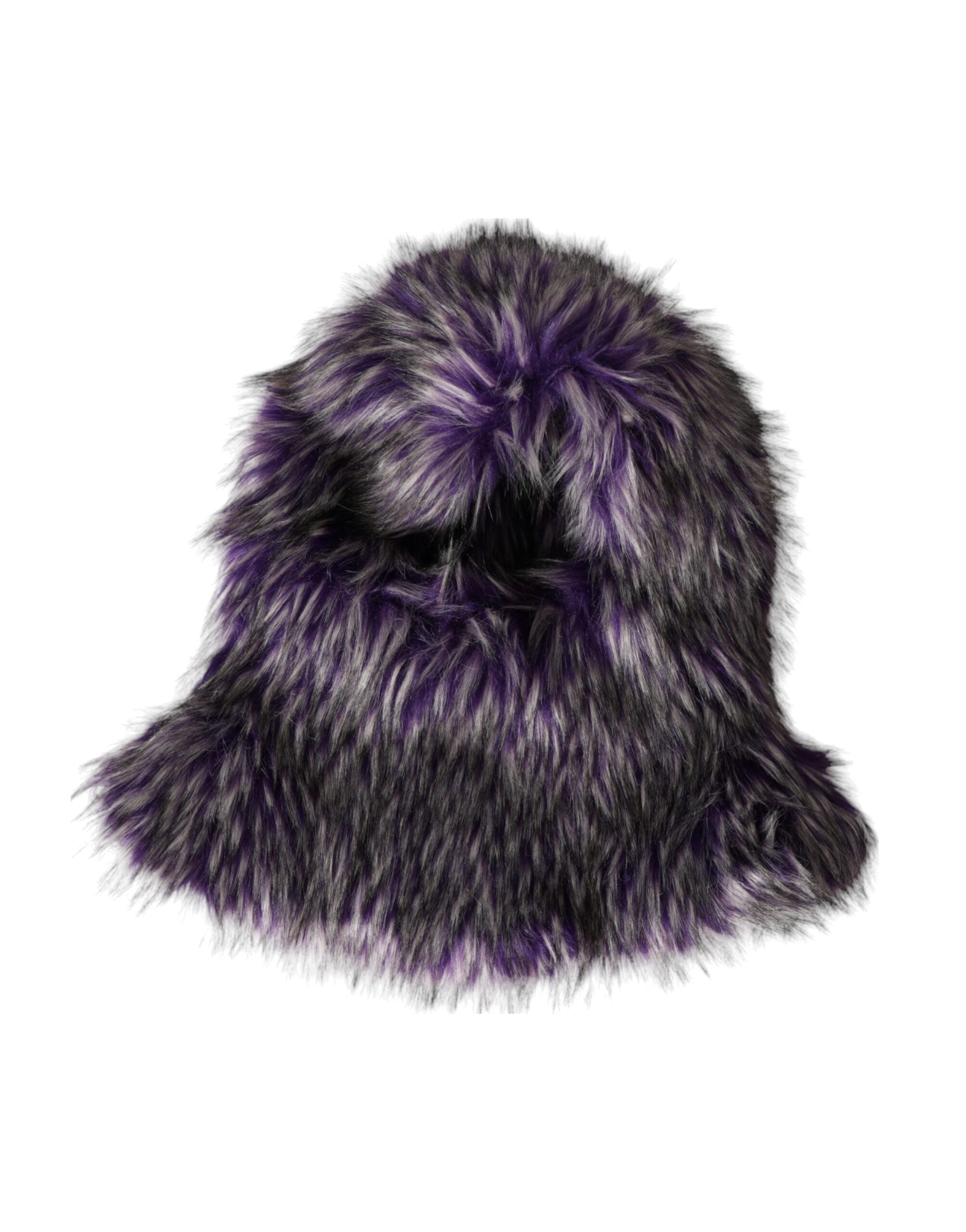 Purple faux fur whole head wrap hat by Dolce & Gabbana, stylish and cozy accessory with plush fur covering the entire head.
