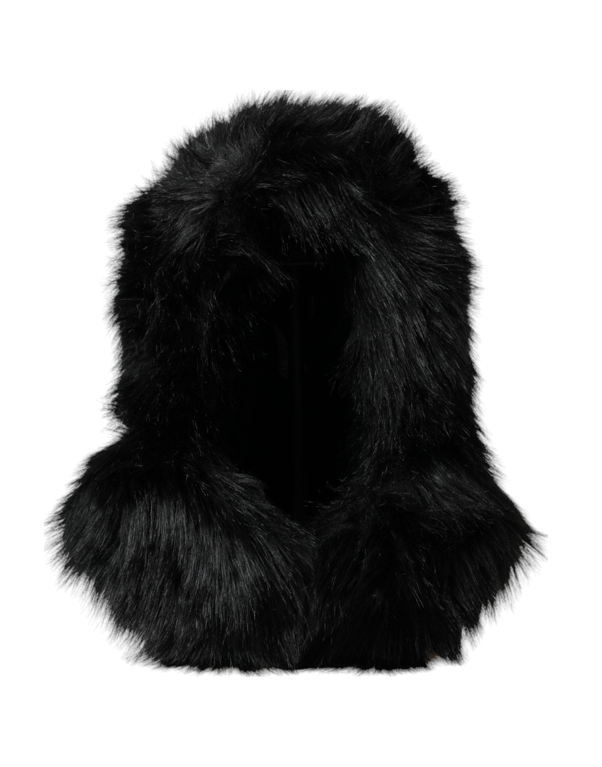 Black faux fur Dolce & Gabbana whole head wrap hat with plush, cozy texture and stylish design.
