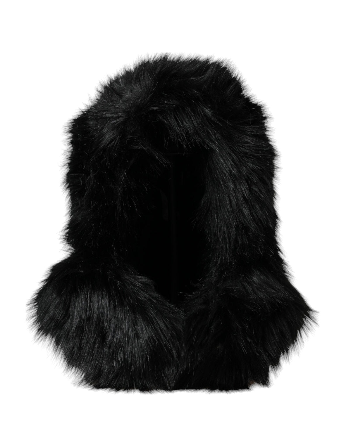Black faux fur Dolce & Gabbana whole head wrap hat with plush, cozy texture and stylish design.