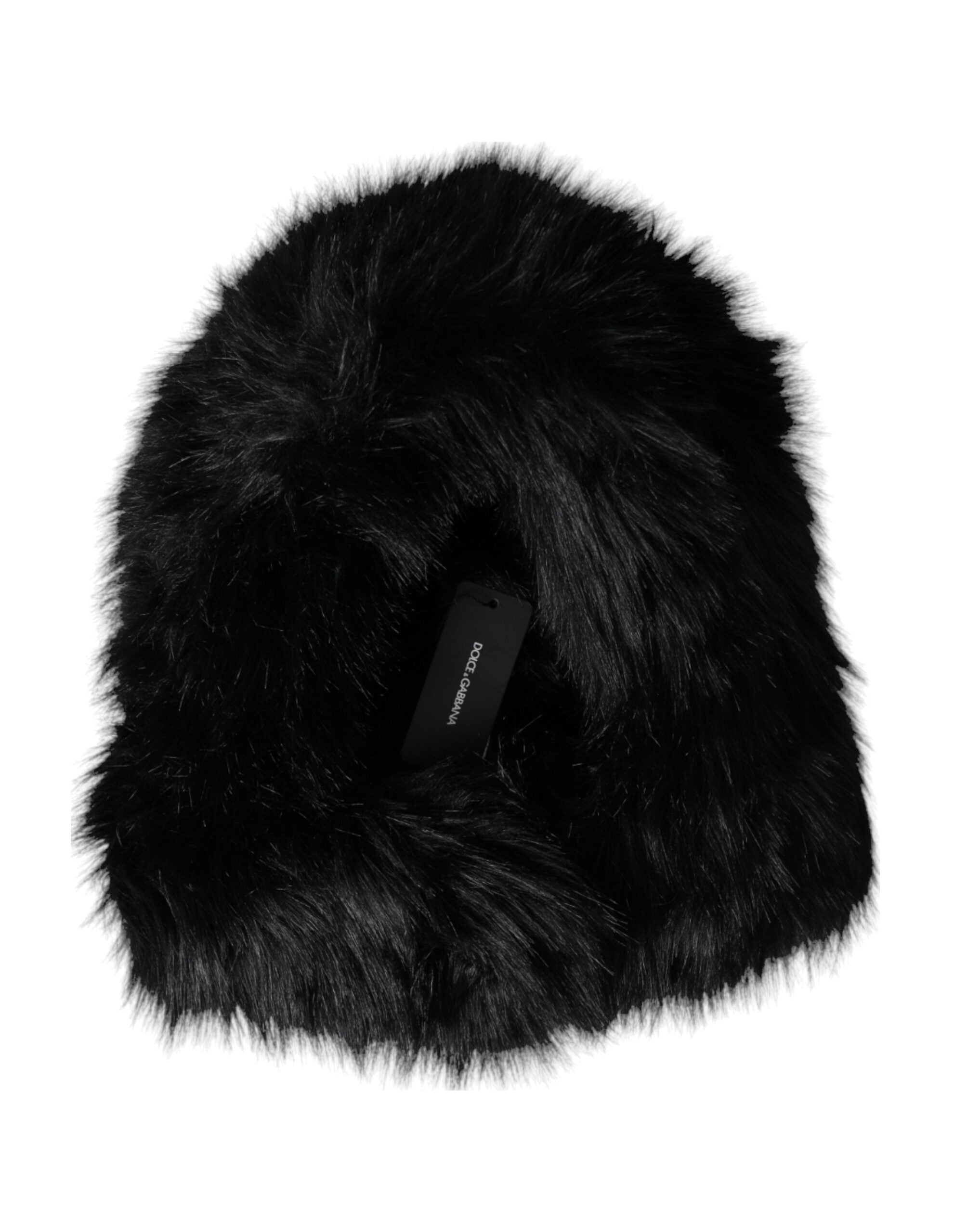Black faux fur whole head wrap hat by Dolce & Gabbana featuring plush, luxurious fur covering the entire head.