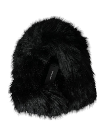 Black faux fur whole head wrap hat by Dolce & Gabbana featuring plush, luxurious fur covering the entire head.
