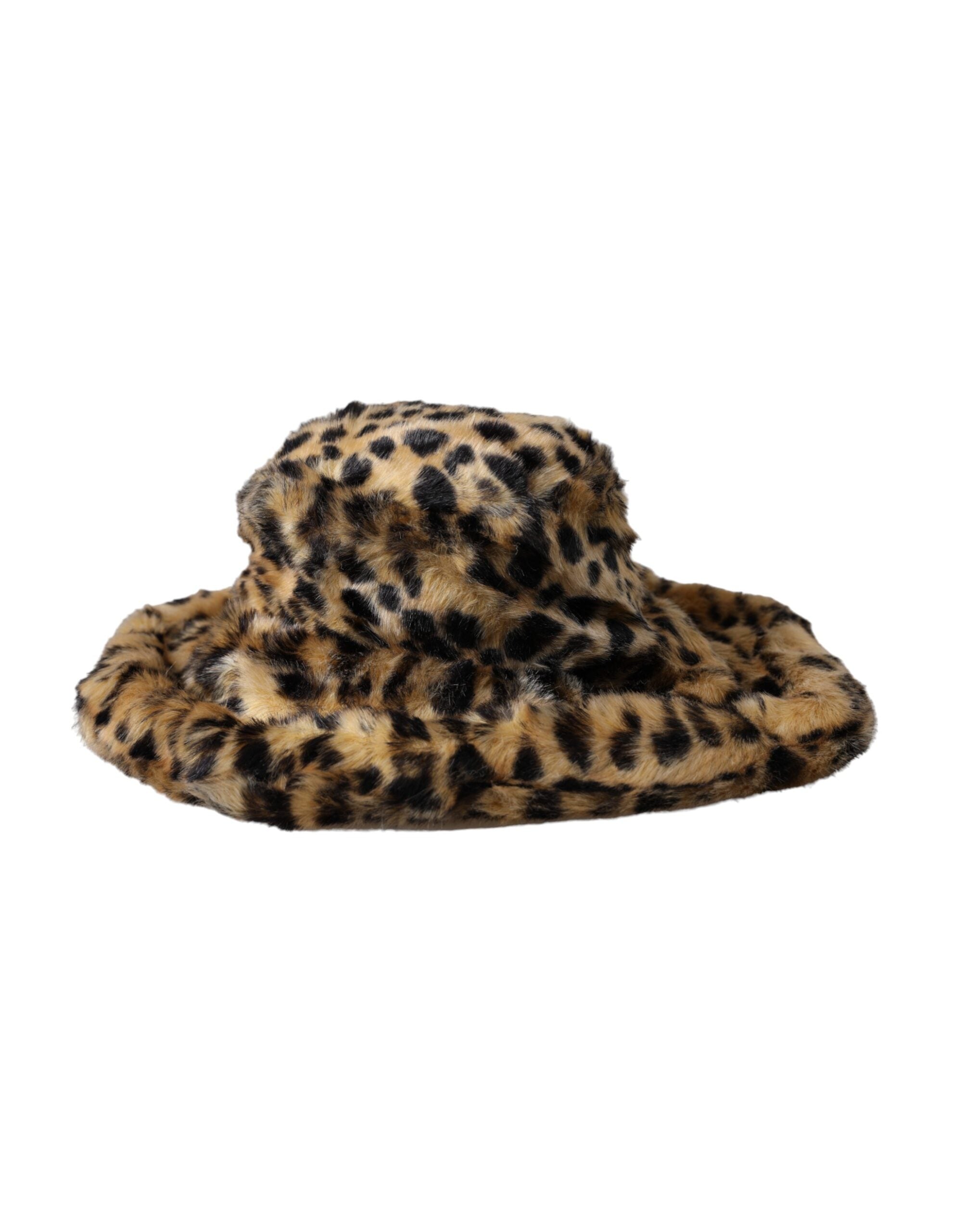 Brown leopard fur bucket hat for women by Dolce & Gabbana, showcasing a stylish animal print and soft fur texture.