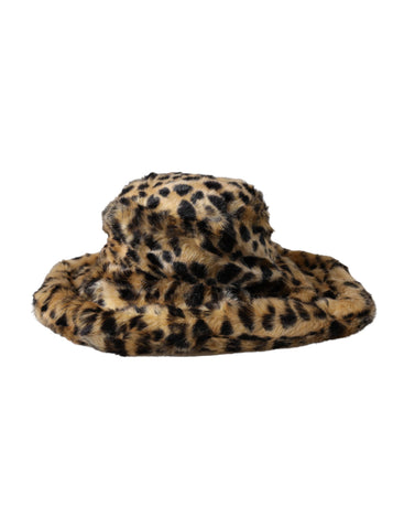 Brown leopard fur bucket hat for women by Dolce & Gabbana, showcasing a stylish animal print and soft fur texture.