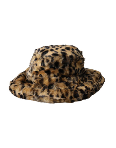 Brown leopard print fur women’s bucket hat by Dolce & Gabbana, featuring soft fur texture and stylish leopard pattern.