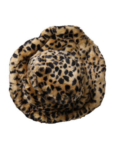 Brown leopard fur women’s bucket hat by Dolce & Gabbana with animal print and wide brim.