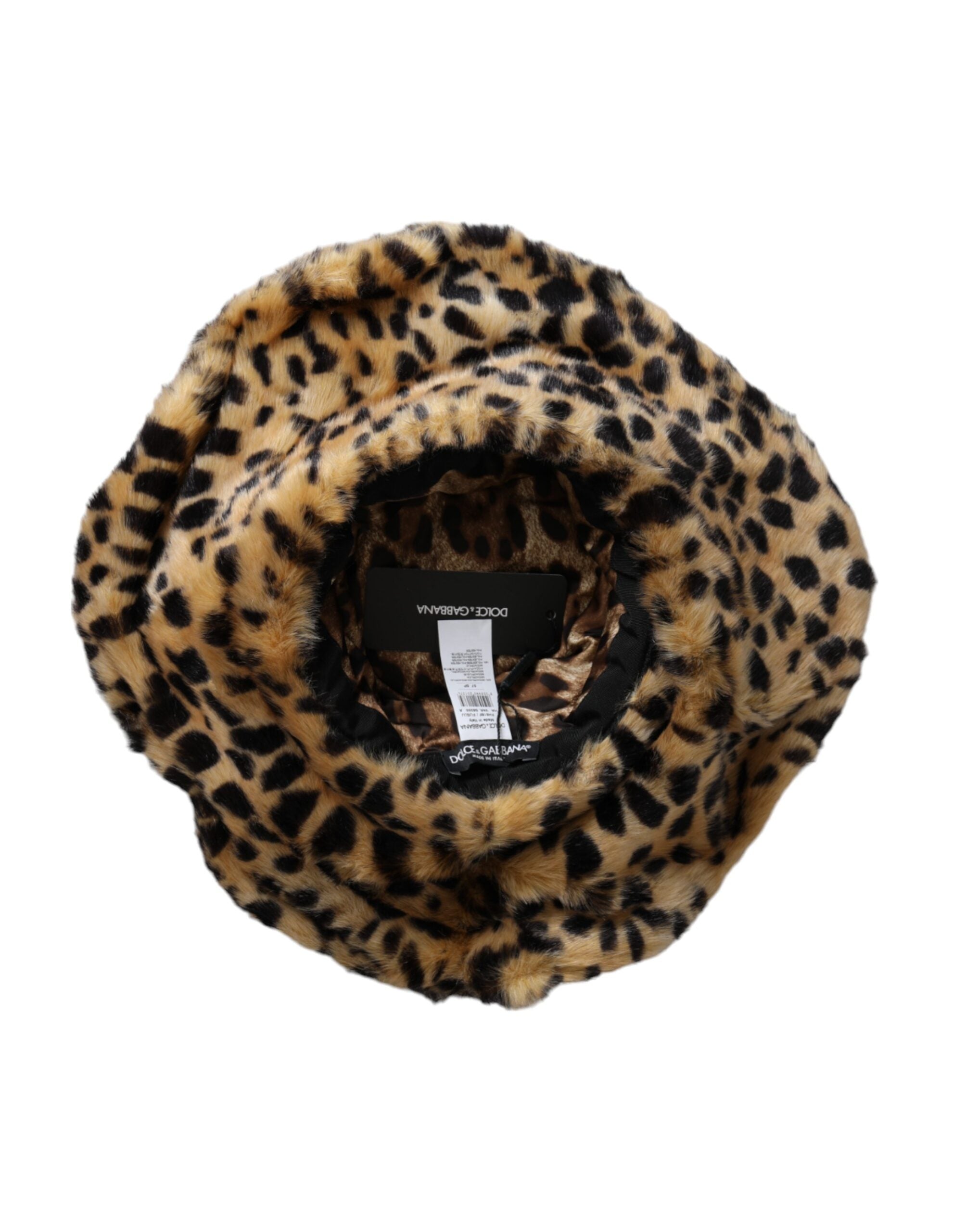 Brown leopard fur bucket hat for women by Dolce & Gabbana, featuring a stylish leopard print design.