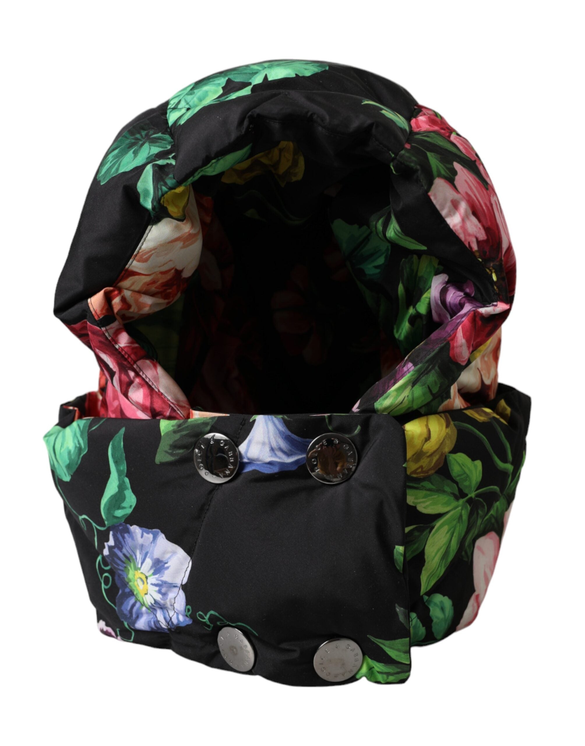 Black floral print whole head wrap hat by Dolce & Gabbana, featuring a stylish and elegant design with vibrant floral patterns.