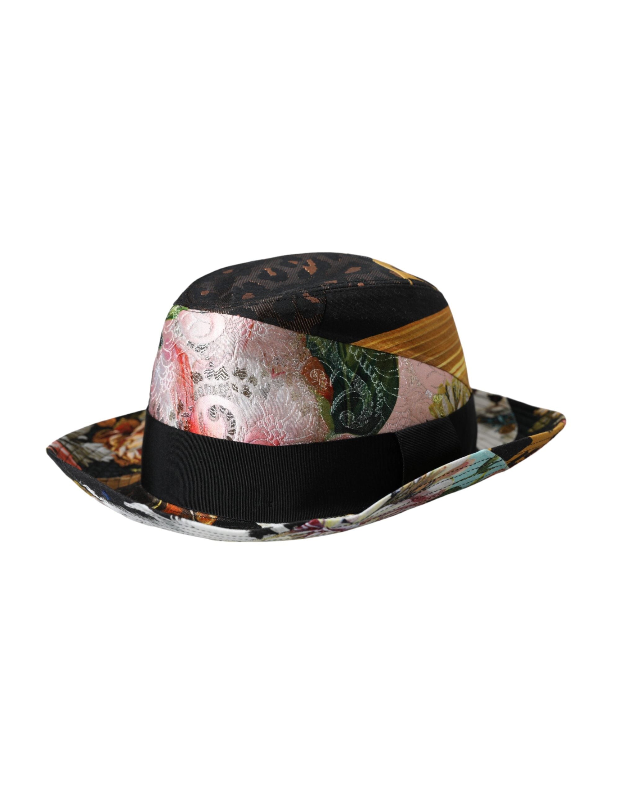 Multicolor patchwork women's fedora hat with wide brim by Dolce & Gabbana, featuring vibrant fabric panels and stylish design.