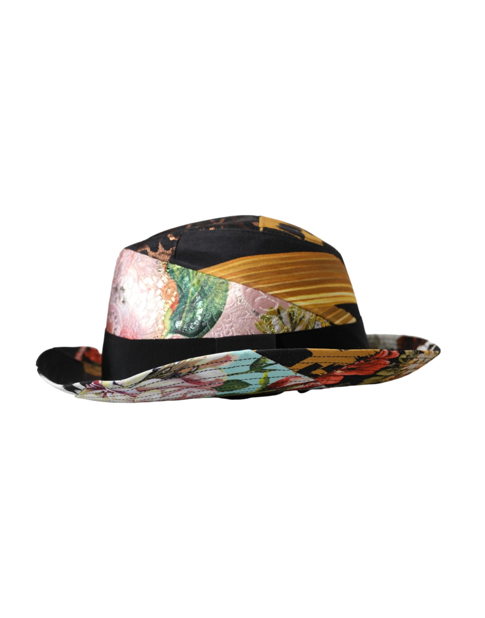 Multicolor patchwork women's fedora hat with wide brim by Dolce & Gabbana, featuring vibrant fabric patches and stylish design.