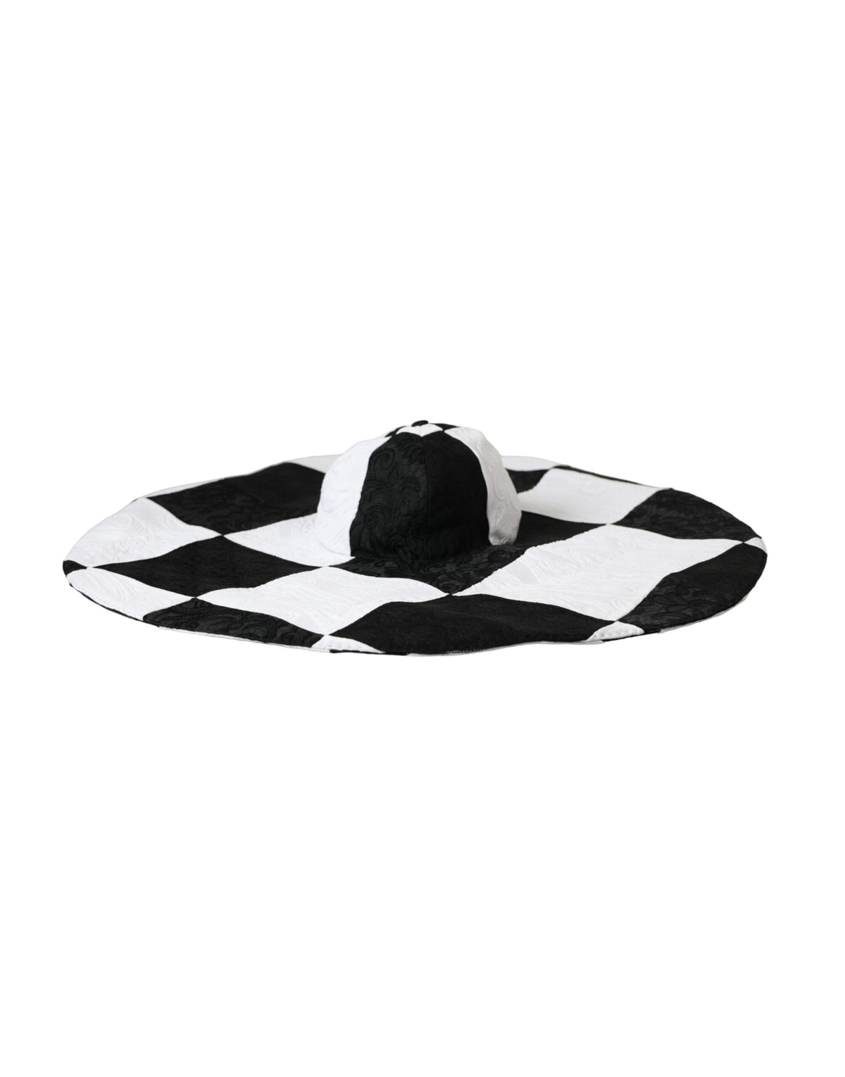 Black and white checkered wide brim floppy hat by Dolce & Gabbana, featuring a stylish, flowing design perfect for summer accessories.