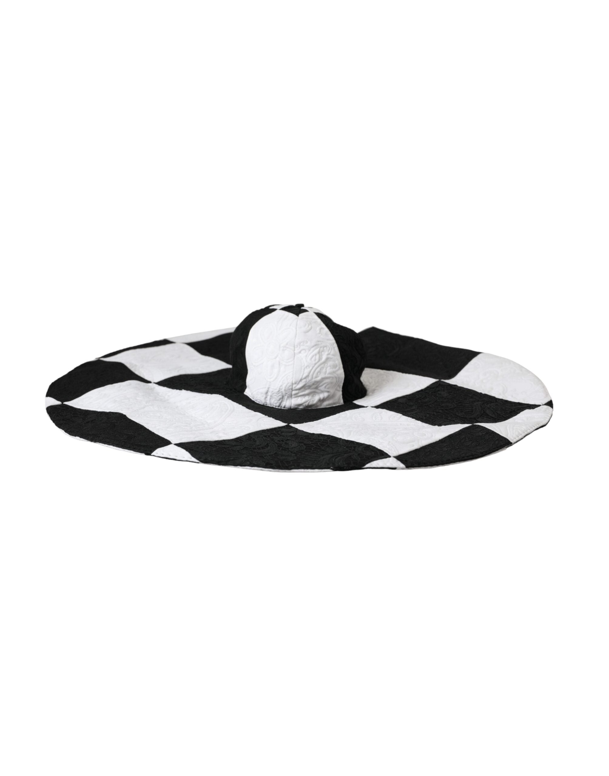 Black and white checkered wide brim floppy hat by Dolce & Gabbana, featuring a stylish, oversized sun hat design with a flexible brim.