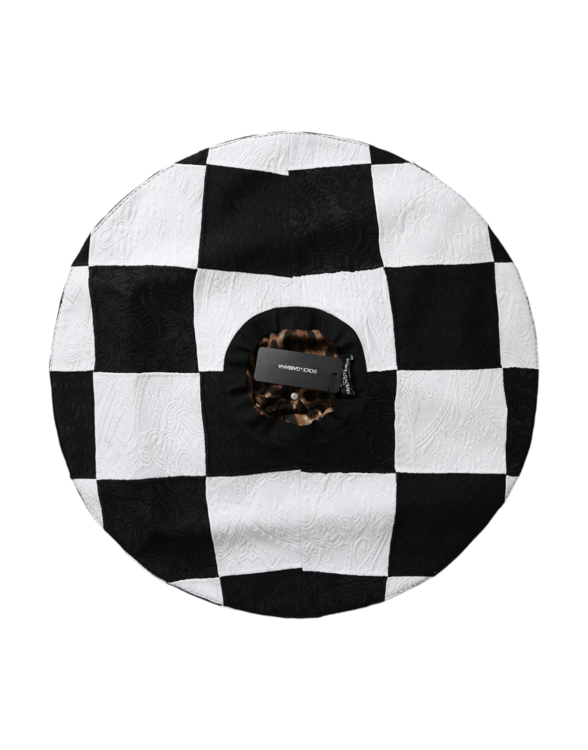 Black and white checkered wide brim floppy hat by Dolce & Gabbana, featuring a stylish oversized design and soft fabric.