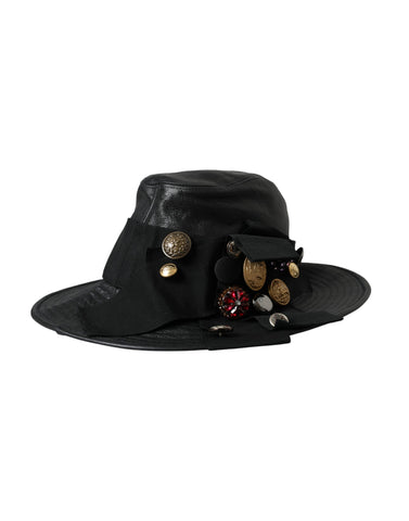 Black leather wide brim hat with crystal embellishments from Dolce & Gabbana, featuring a stylish DG coin detail.
