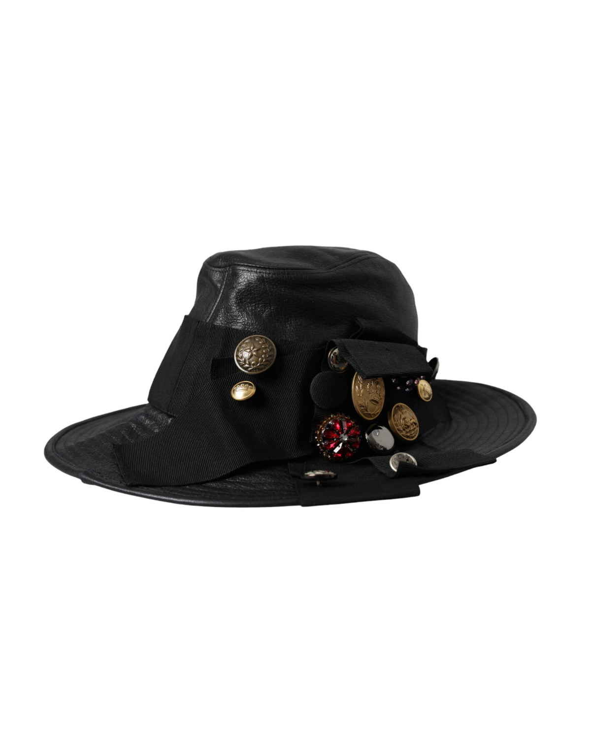 Black leather Dolce & Gabbana wide brim hat with crystal accents and a stylish DG coin embellishment.