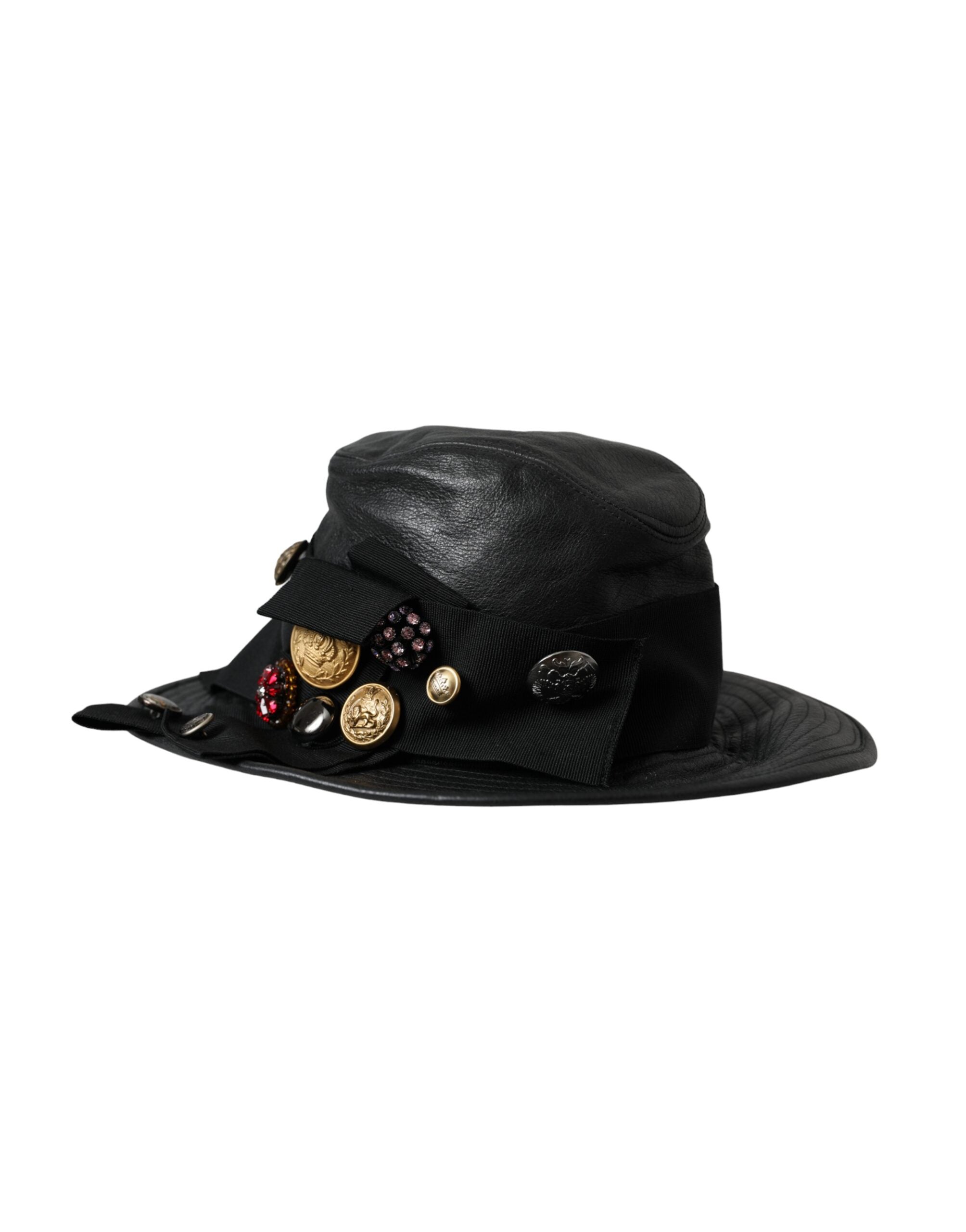 Black leather Dolce & Gabbana coin crystal wide brim hat with a stylish and luxurious design.