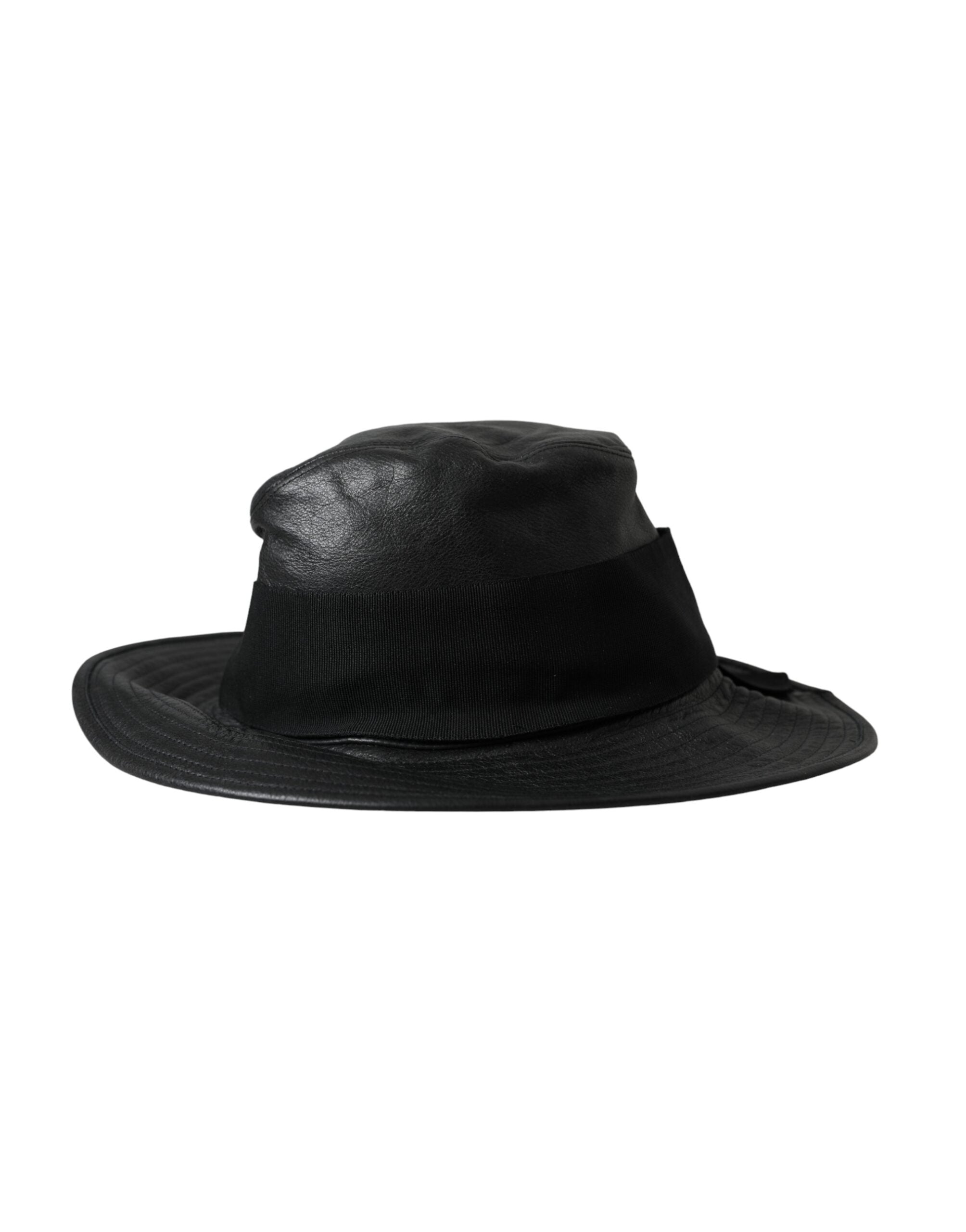 Black leather Dolce & Gabbana wide brim hat with crystal embellishments and a DG logo, featuring a stylish design.