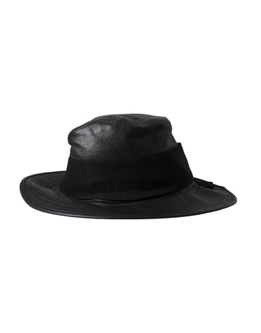 Black leather Dolce & Gabbana wide brim hat with crystal embellishments and a DG logo, featuring a stylish design.