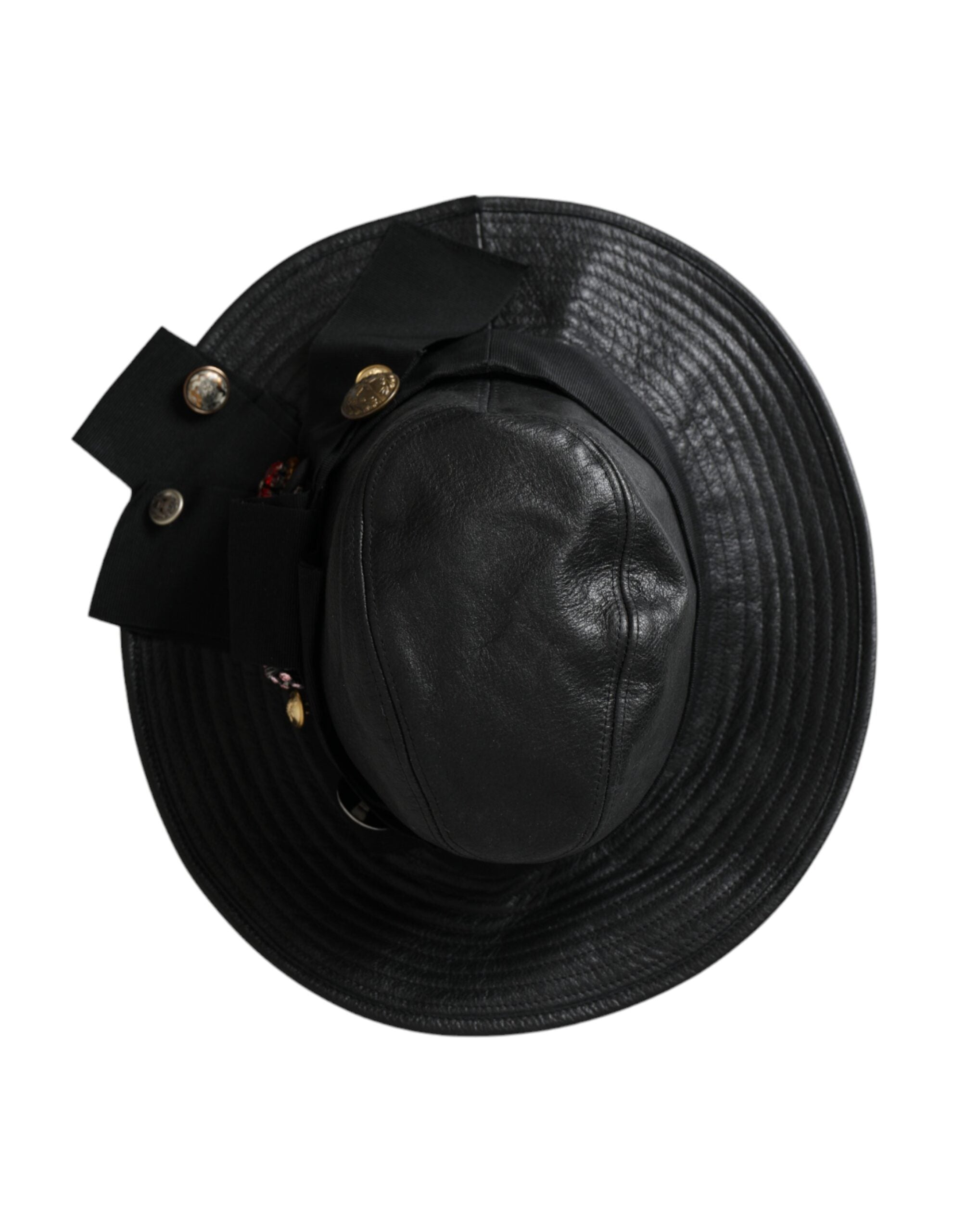 Black leather Dolce & Gabbana wide brim hat with crystal embellishments and a stylish DG coin detail.