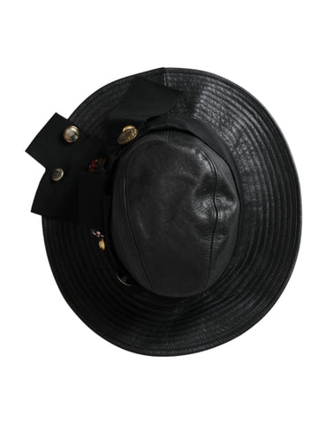 Black leather Dolce & Gabbana wide brim hat with crystal embellishments and a stylish DG coin detail.