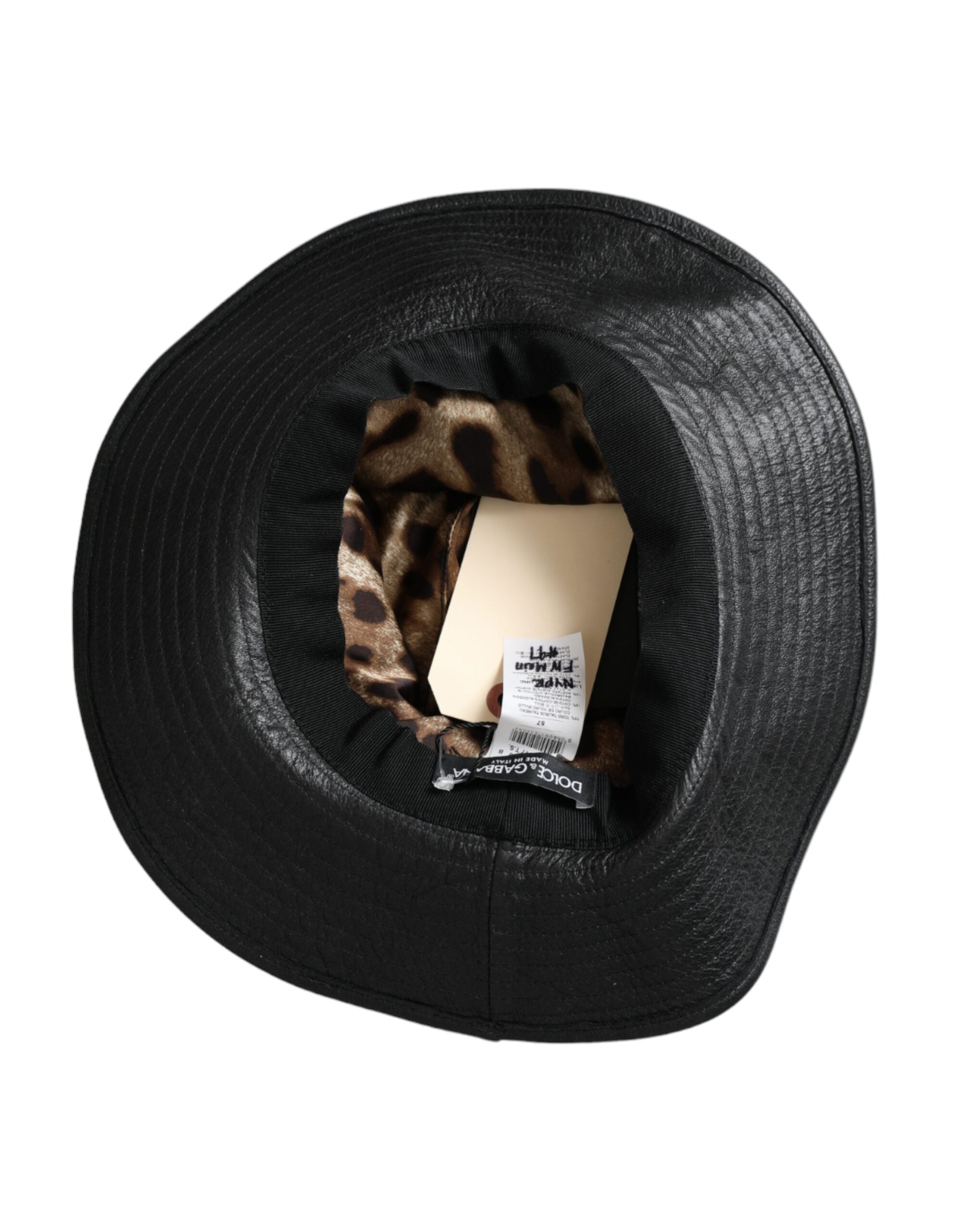 Black leather wide brim hat with crystal embellishments and DG logo, by Dolce & Gabbana.