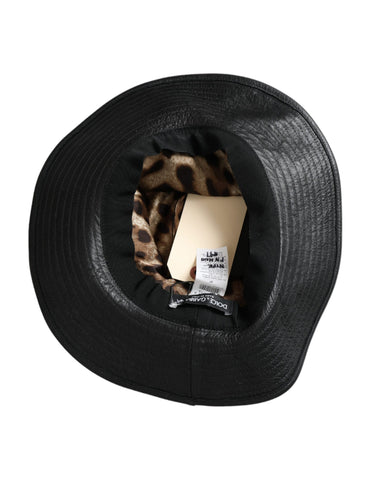 Black leather wide brim hat with crystal embellishments and DG logo, by Dolce & Gabbana.