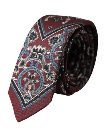 Dolce & Gabbana Bordeaux printed 100% silk adjustable men's tie displayed, featuring elegant pattern and classic style.