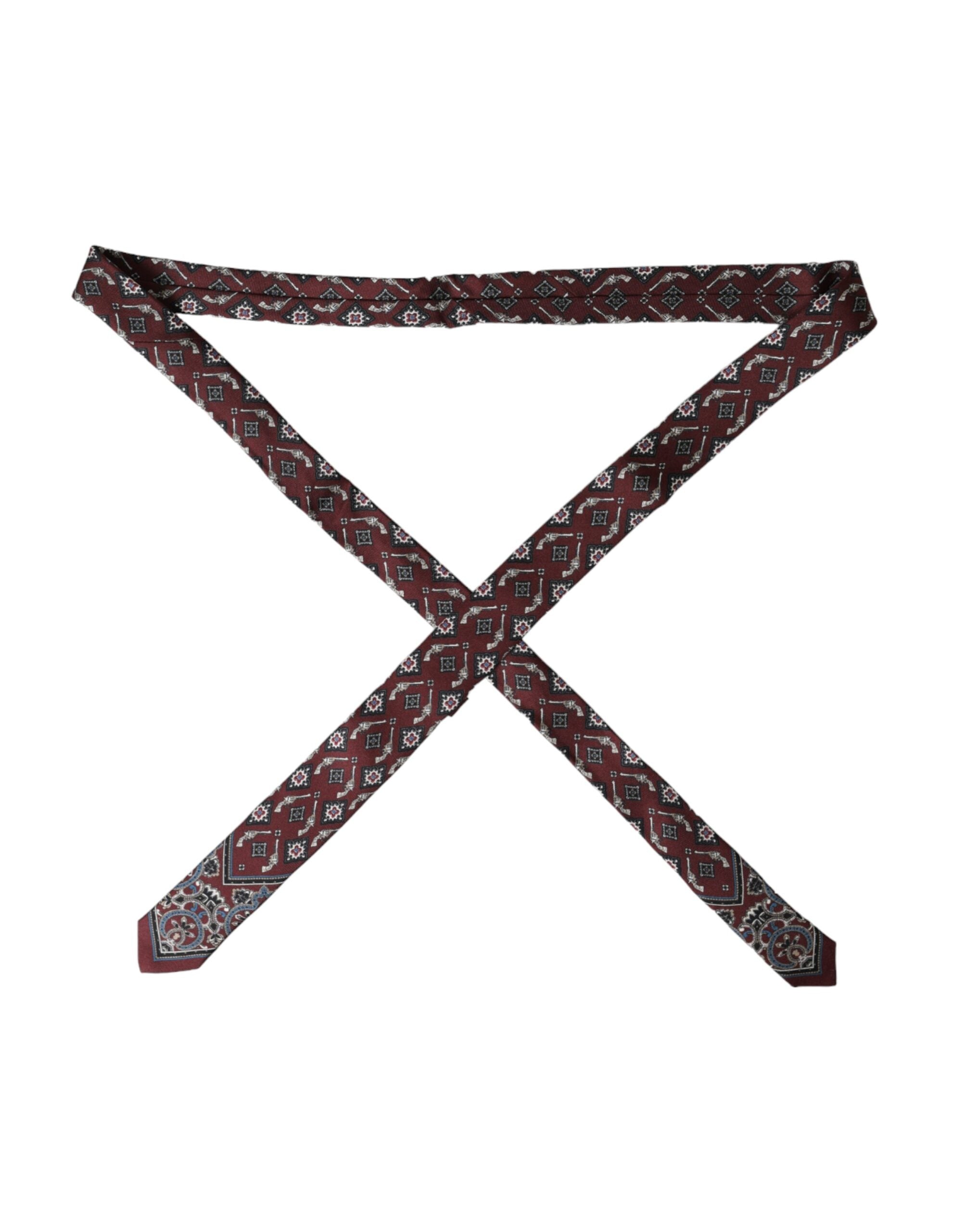 Dolce & Gabbana Bordeaux printed 100% silk adjustable men's tie showing intricate silk fabric and stylish design.