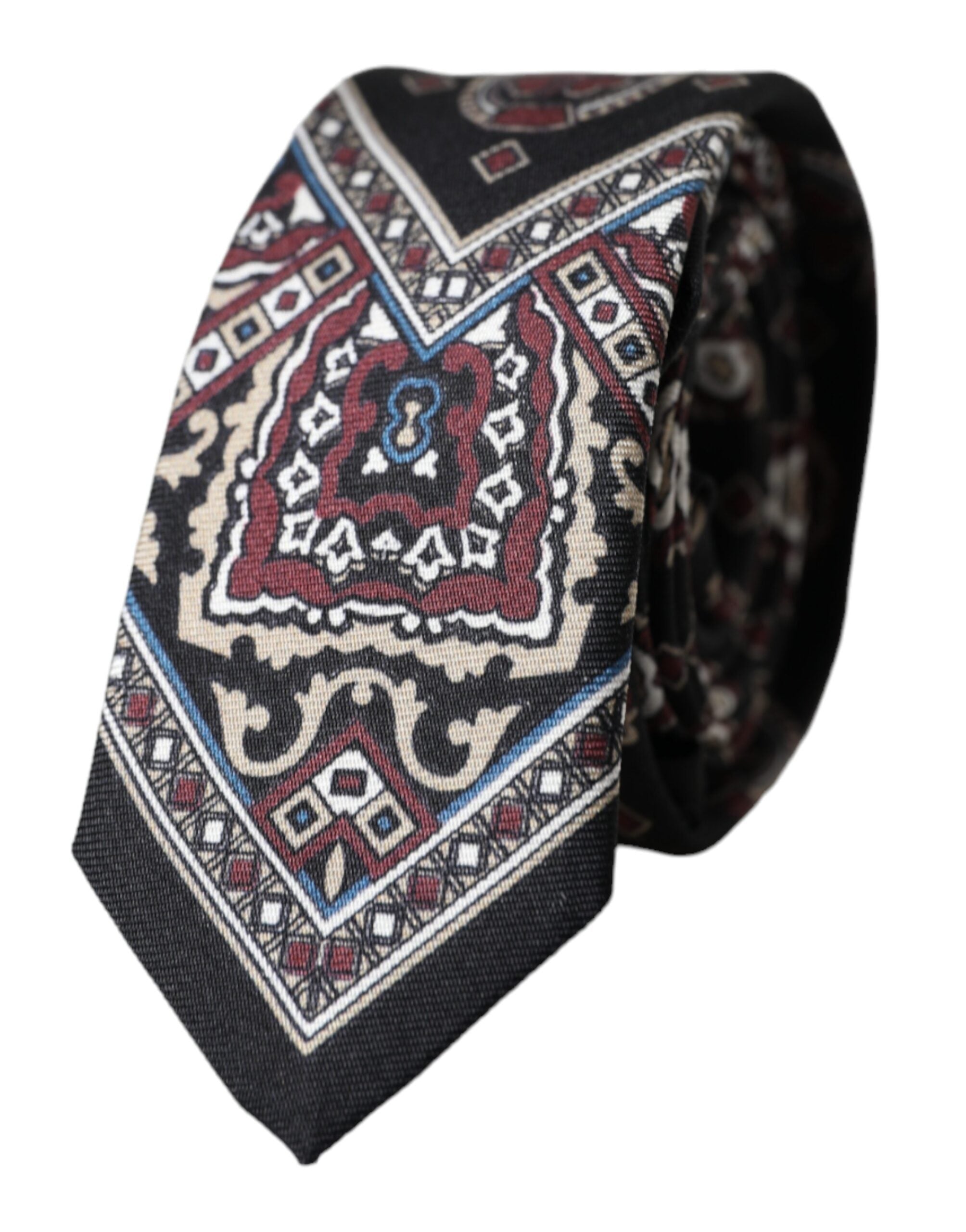Black printed 100% silk adjustable men's tie by Dolce & Gabbana displayed flat with detailed pattern visible.