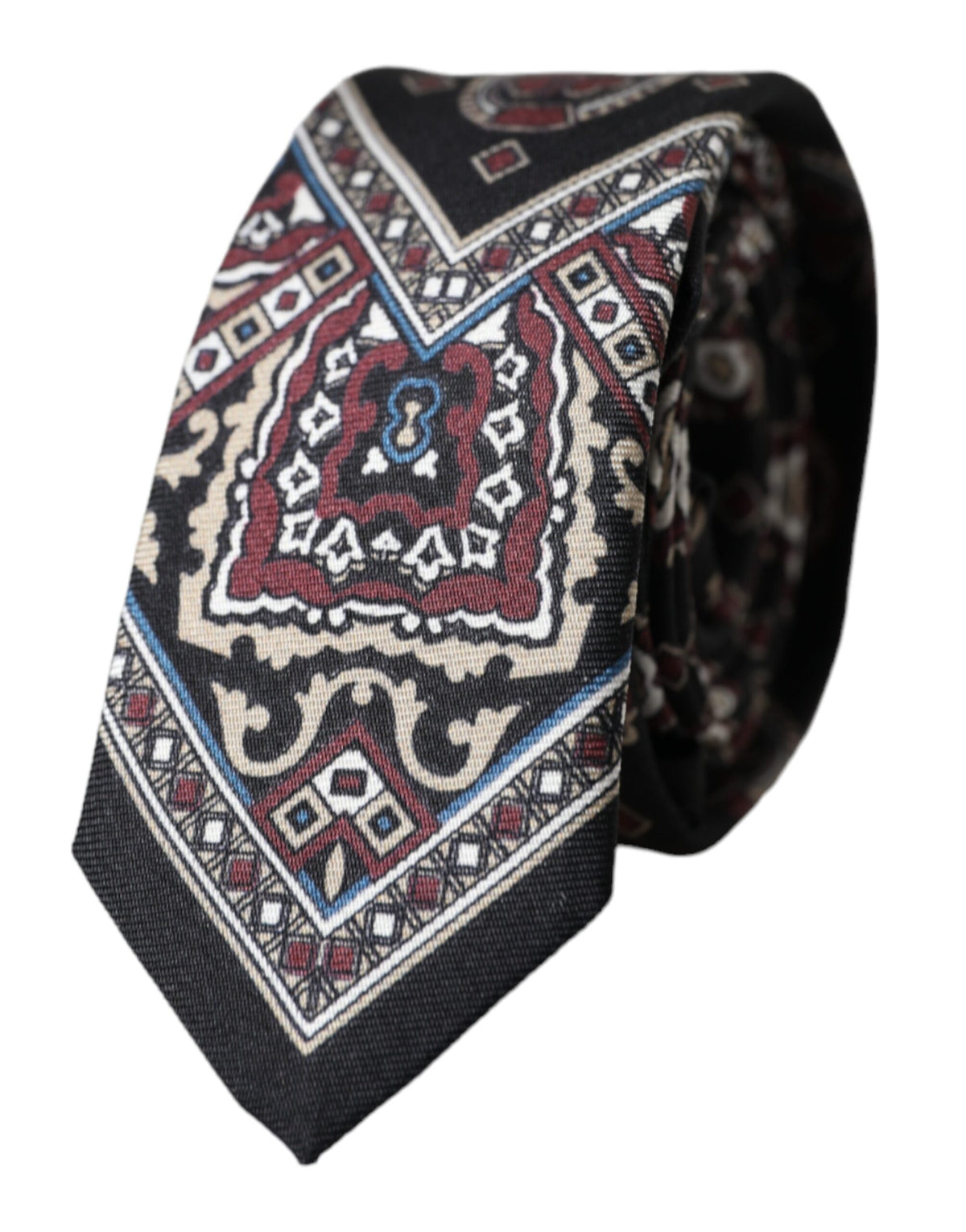 Black printed 100% silk adjustable men's tie by Dolce & Gabbana, featuring a stylish pattern and classic design.