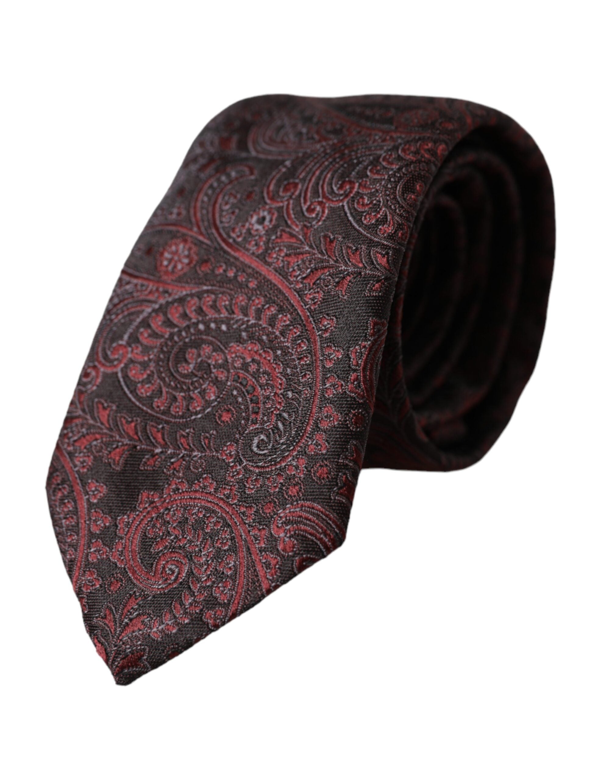 Dolce & Gabbana Bordeaux patterned silk men's tie with adjustable length, featuring elegant floral design and rich color.