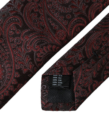 Dolce & Gabbana Bordeaux patterned silk adjustable men's tie displayed flat with detailed close-up of fabric and design.