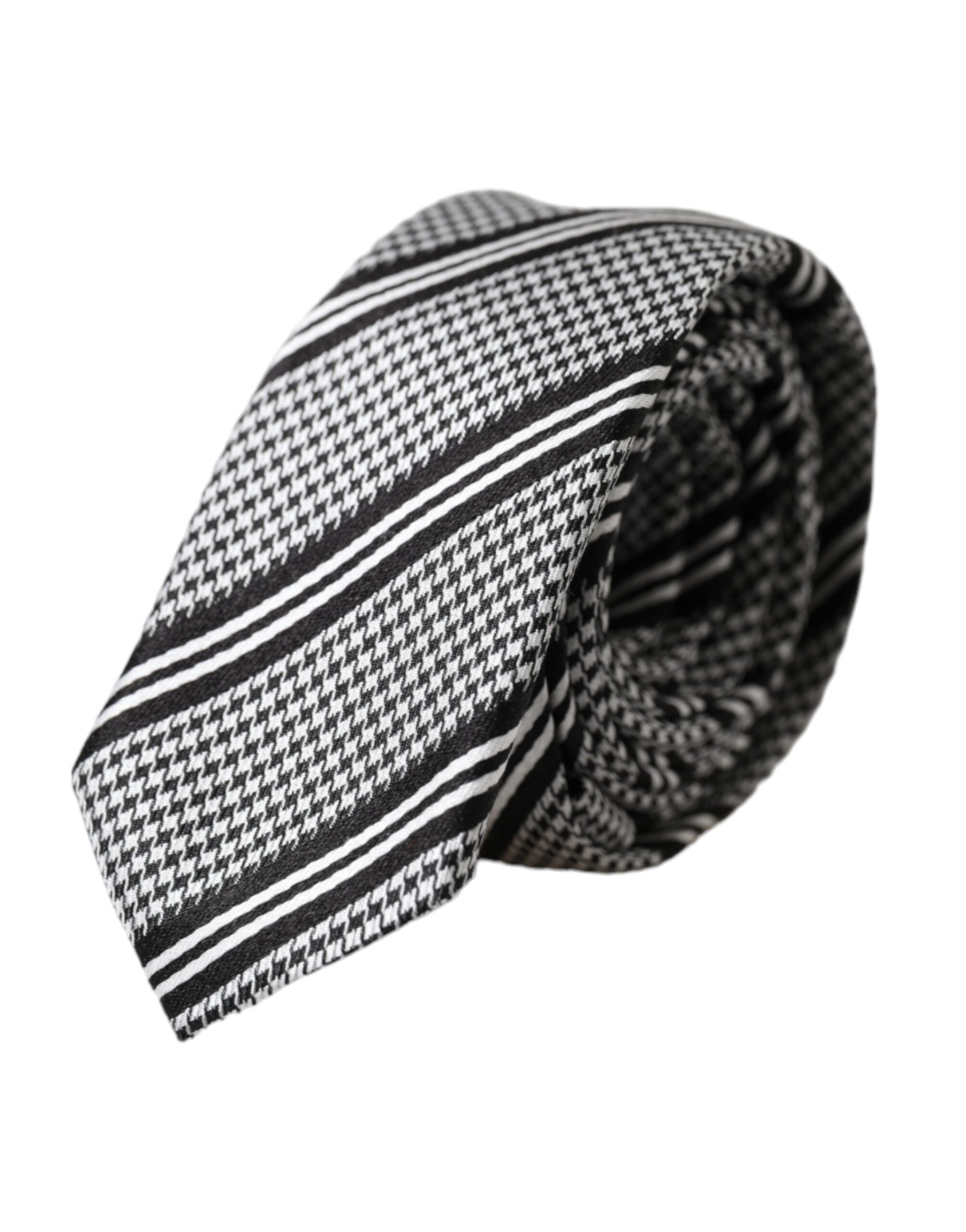 Black and white striped silk adjustable tie by Dolce & Gabbana displayed on a neutral background.